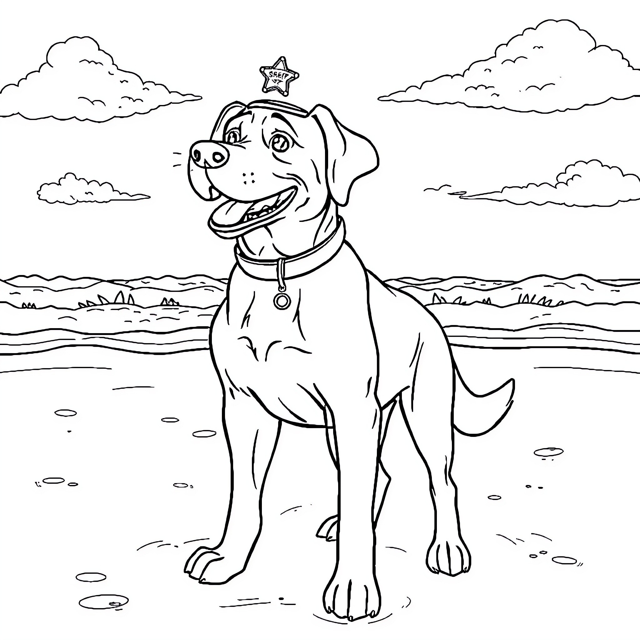 Sheriff Labrador patrolling the countryside Coloring Page (free black-and-white line drawing printable PDF for all, from beginners to advanced learners, including children, teens, adults, and seniors)