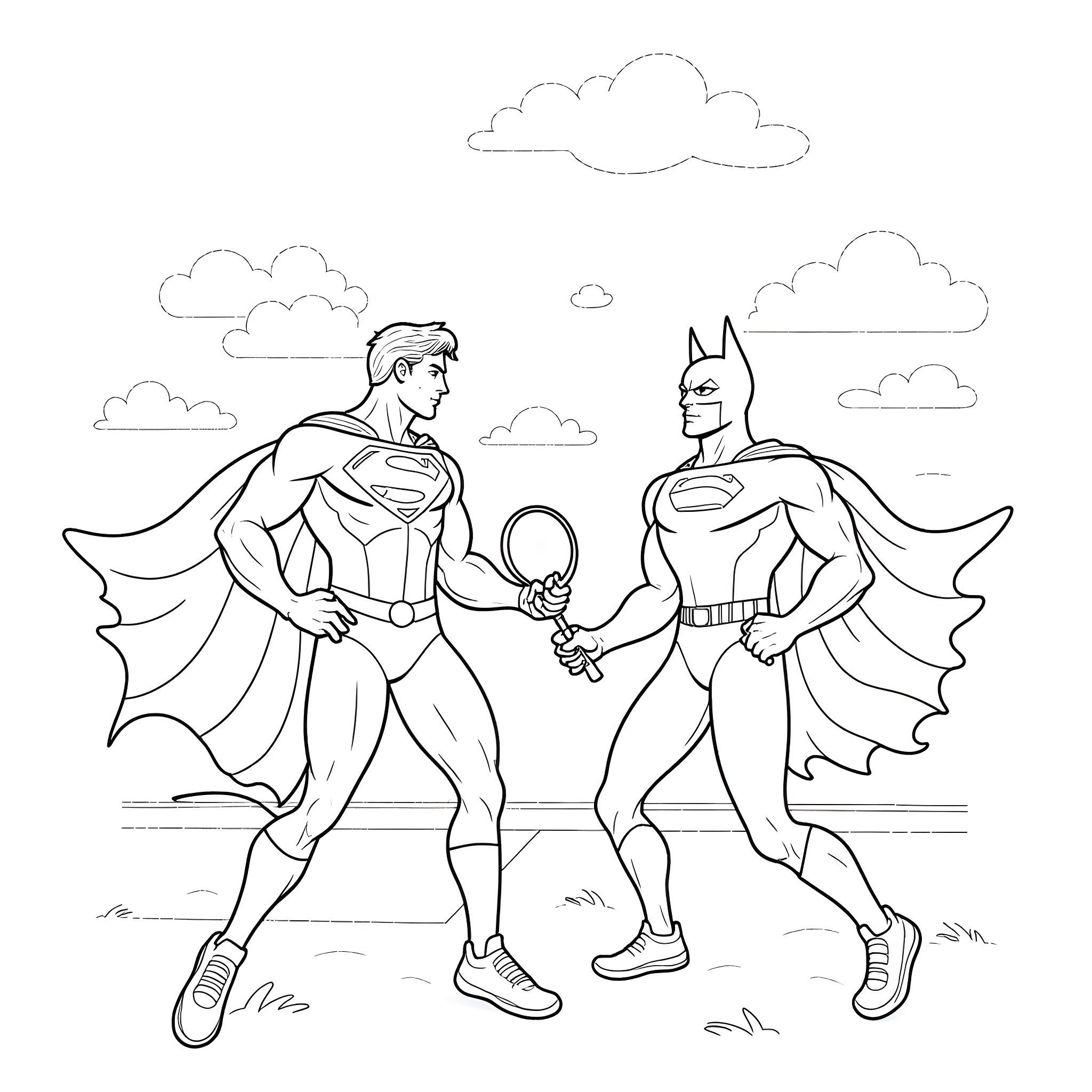 Superman and Batman shaking hands in the sky Coloring Page (free black-and-white line drawing printable PDF for all, from beginners to advanced learners, including children, teens, adults, and seniors)