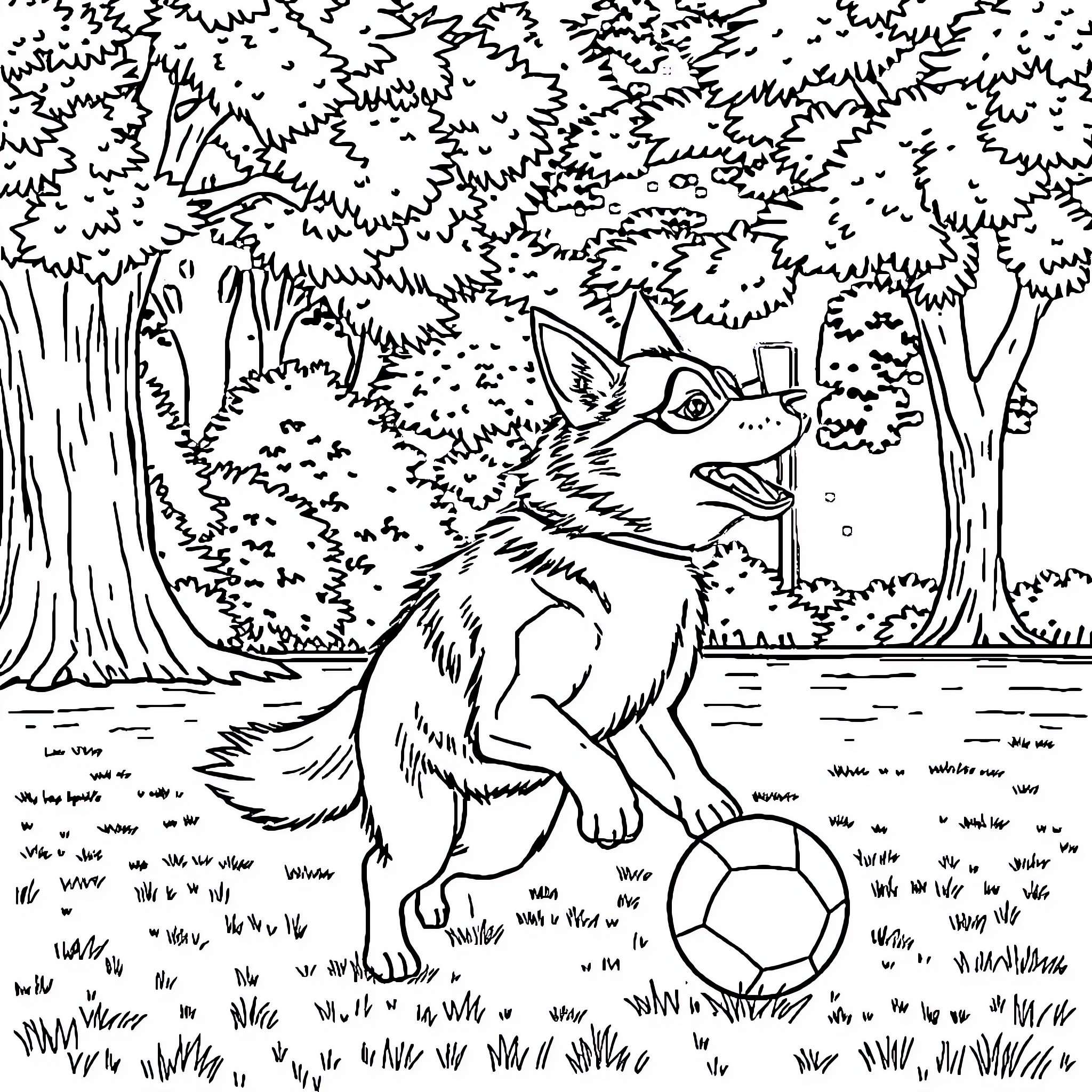 Husky playing with soccer ball in forest Coloring Page (free black-and-white line drawing printable PDF for all, from beginners to advanced learners, including children, teens, adults, and seniors)