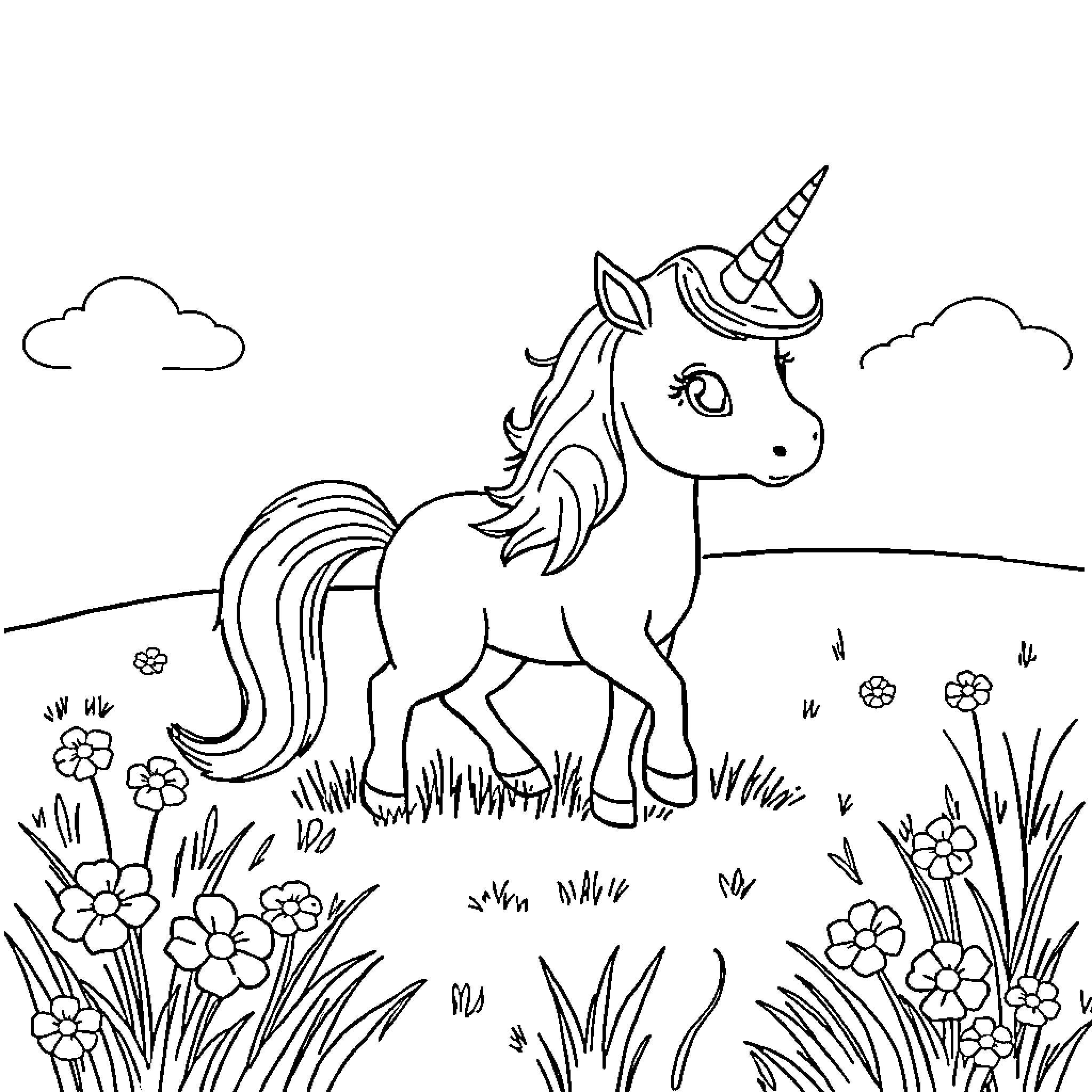 Unicorn in a Flowery Meadow Coloring Page (free black-and-white line drawing printable PDF for all, from beginners to advanced learners, including children, teens, adults, and seniors)