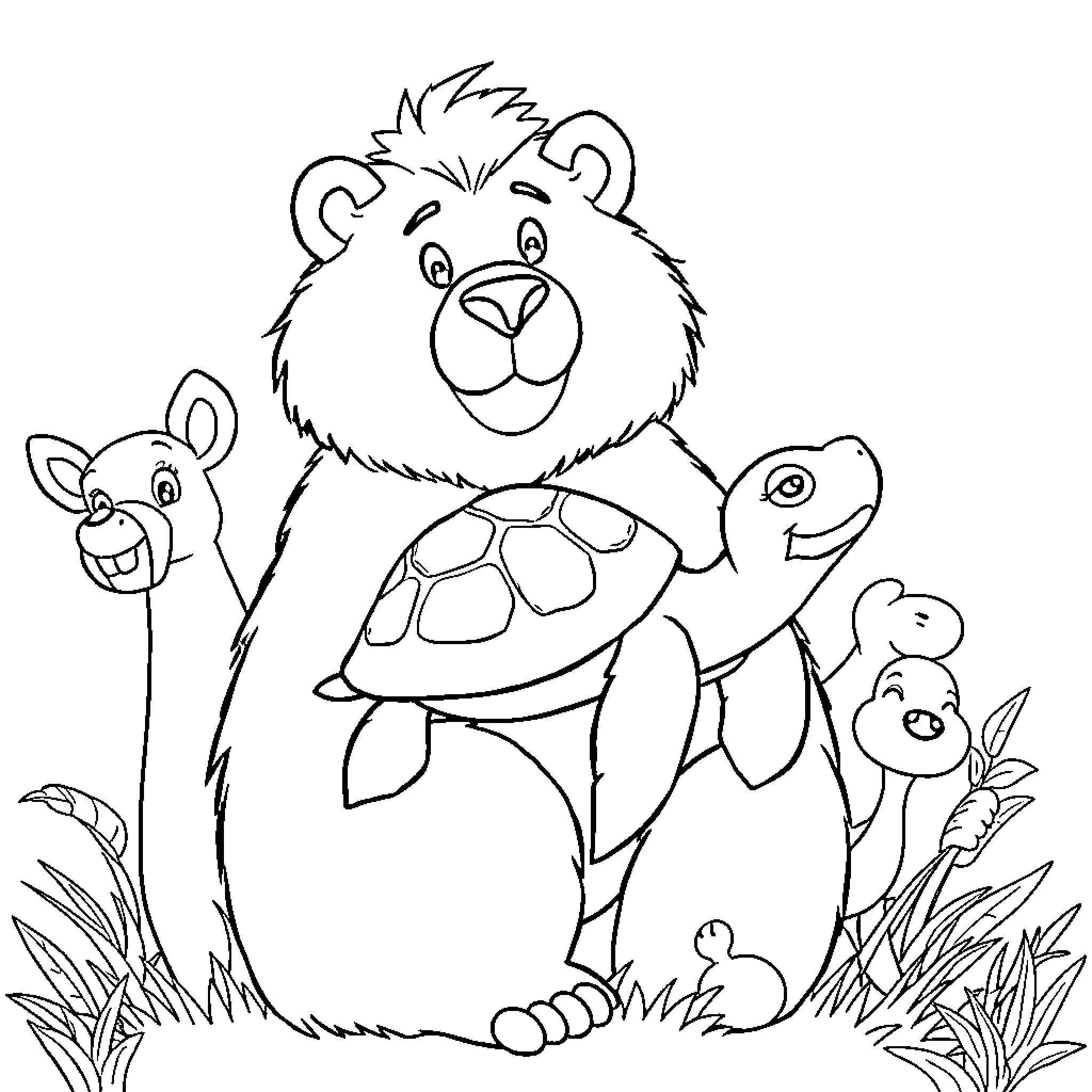 Oso and friends playing in the meadow Coloring Page (free black-and-white line drawing printable PDF for all, from beginners to advanced learners, including children, teens, adults, and seniors)
