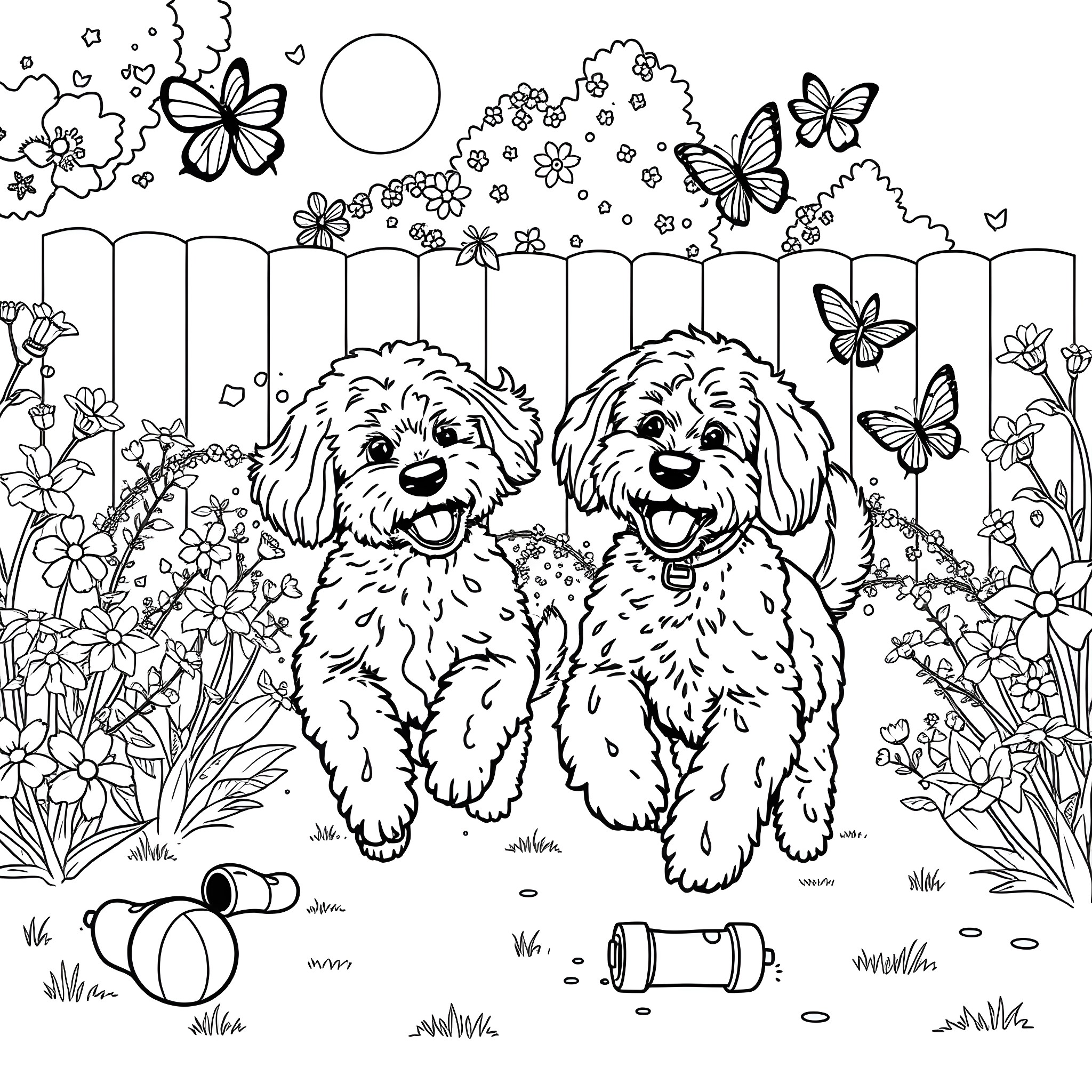 Doodle of two fluffy dogs playing in a flowery garden Coloring Page (free black-and-white line drawing printable PDF for all, from beginners to advanced learners, including children, teens, adults, and seniors)