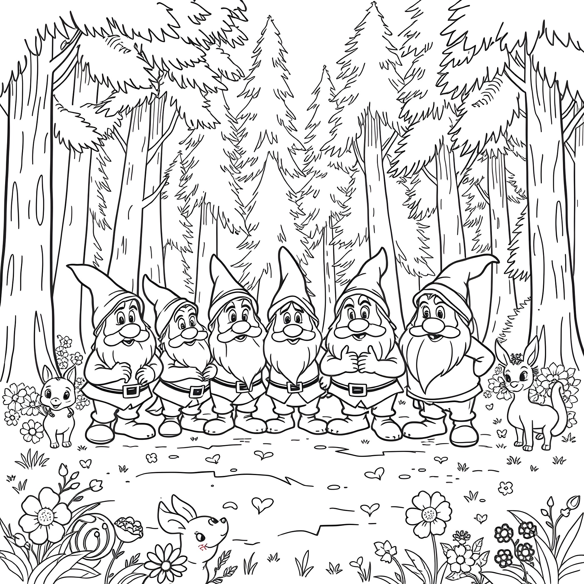 Dwarf gnomes chatting in a magical forest Coloring Page (free black-and-white line drawing printable PDF for all, from beginners to advanced learners, including children, teens, adults, and seniors)