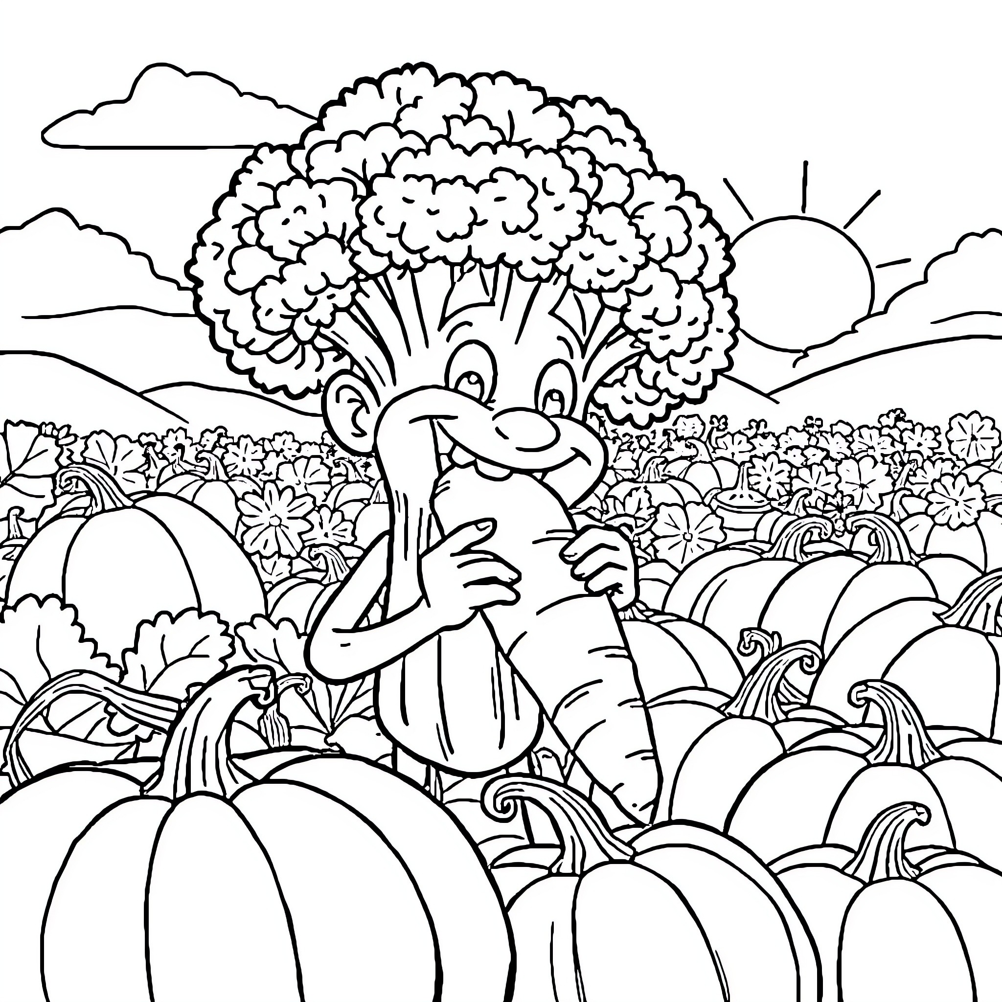 Broccoli Man enjoying the pumpkin patch Coloring Page (free black-and-white line drawing printable PDF for all, from beginners to advanced learners, including children, teens, adults, and seniors)
