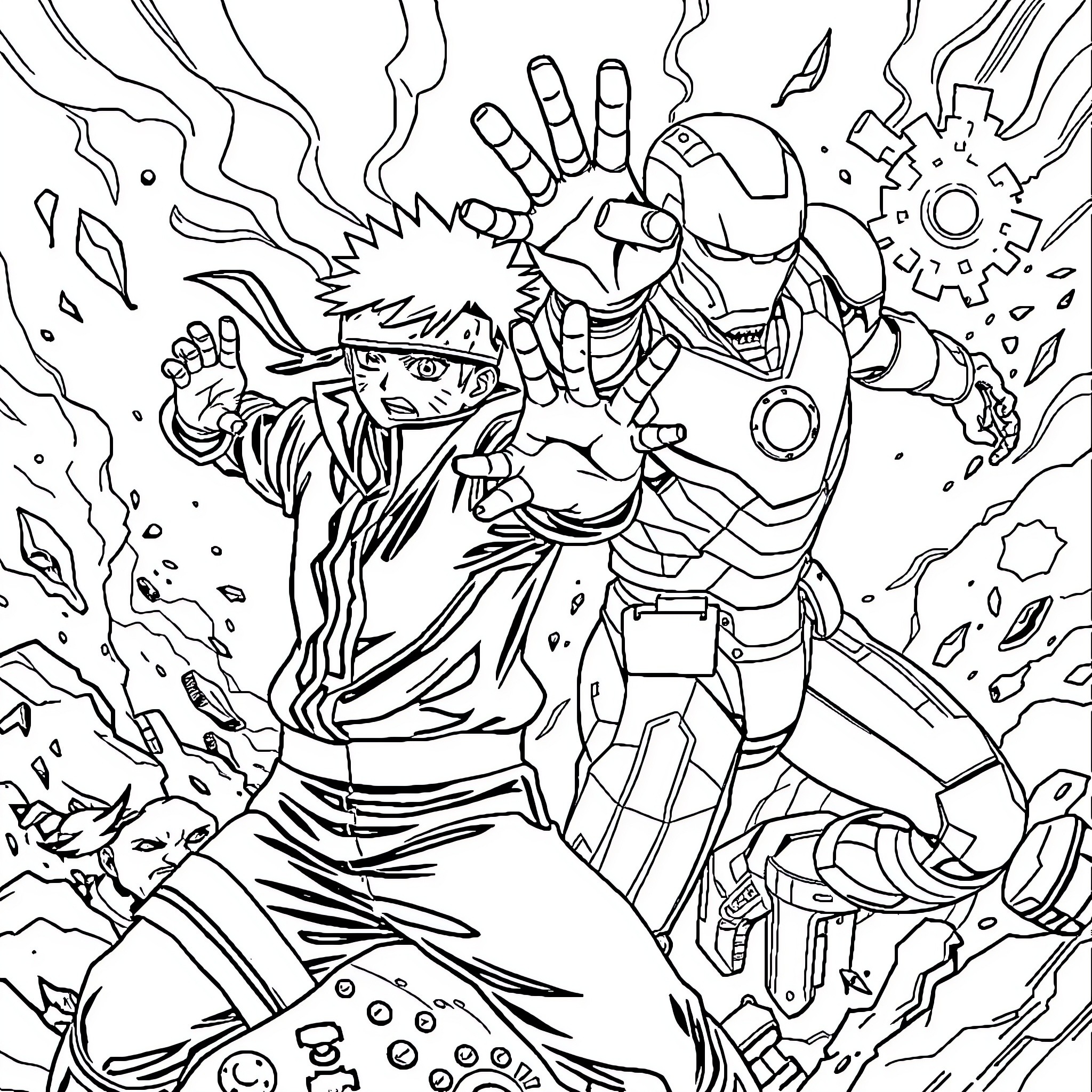 Naruto's Fierce Clash with Iron Man Coloring Page (free black-and-white line drawing printable PDF for all, from beginners to advanced learners, including children, teens, adults, and seniors)