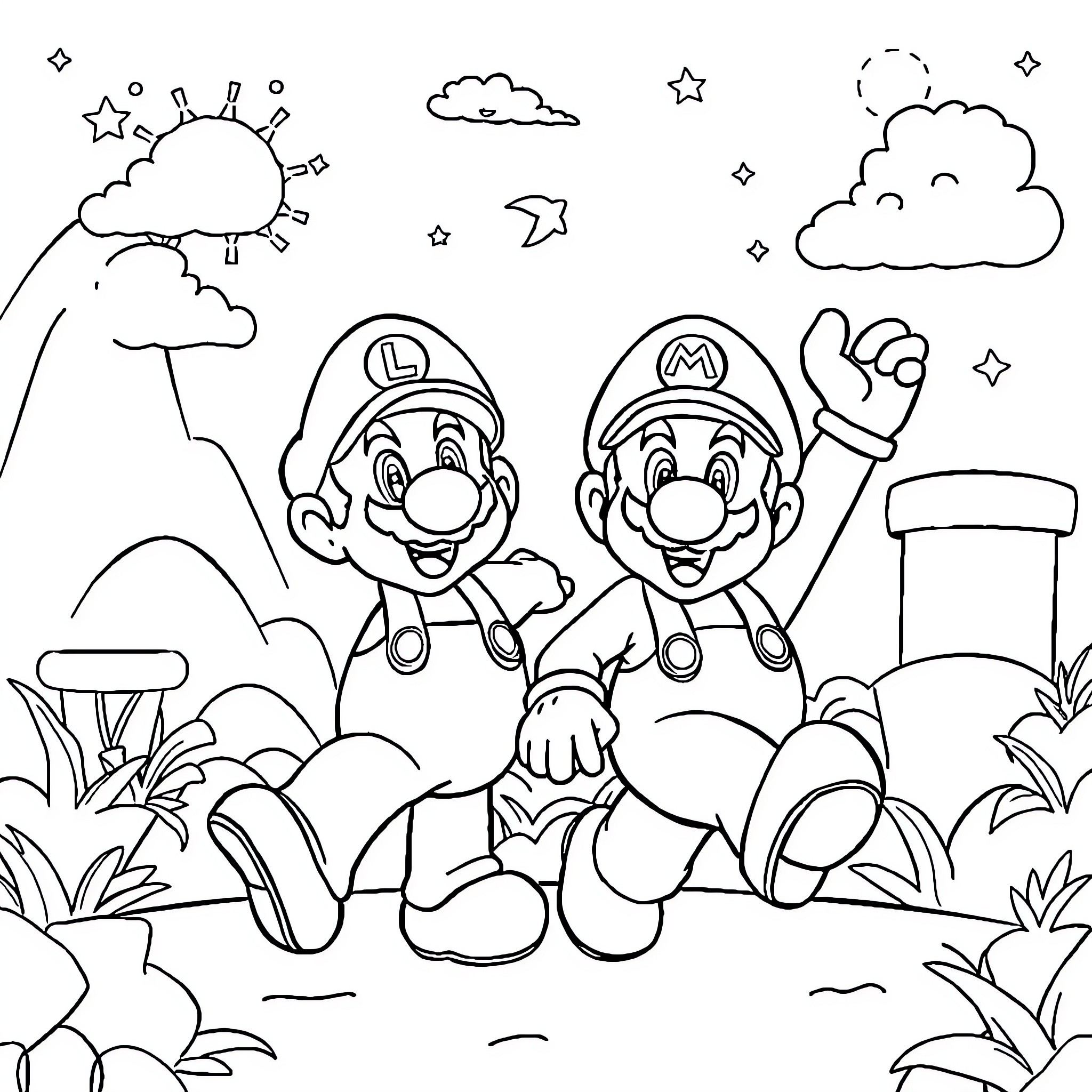 Mario and Luigi Playing in the Outdoors Coloring Page (free black-and-white line drawing printable PDF for all, from beginners to advanced learners, including children, teens, adults, and seniors)