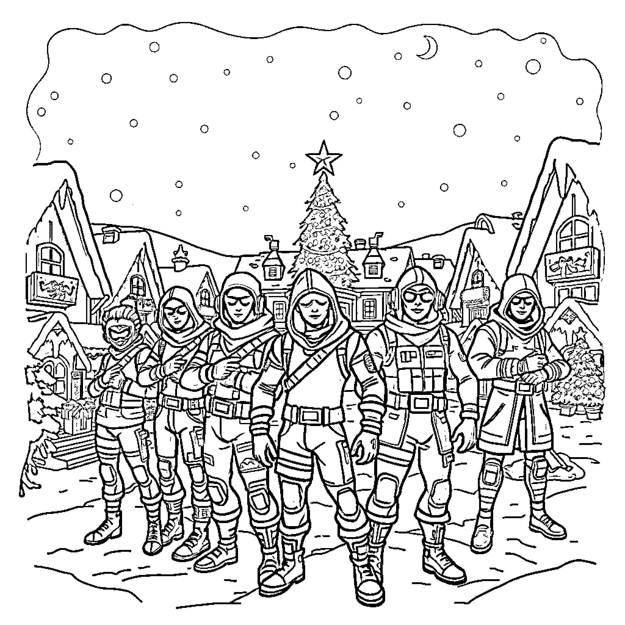 Fortnite characters celebrating the winter holidays Coloring Page (free black-and-white line drawing printable PDF for all, from beginners to advanced learners, including children, teens, adults, and seniors)