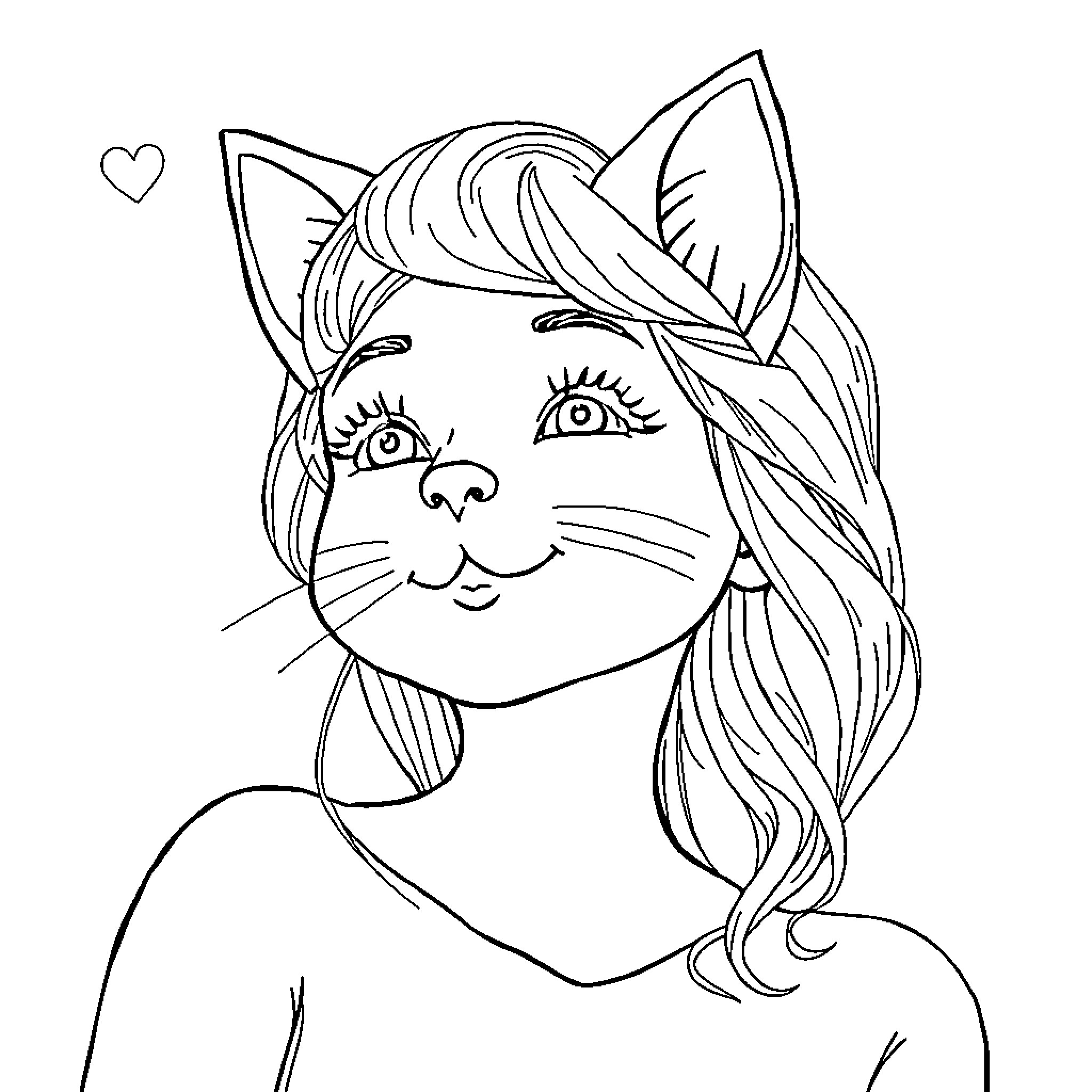 Happy Face Girl with Cat-Themed Hairstyle Coloring Page (free black-and-white line drawing printable PDF for all, from beginners to advanced learners, including children, teens, adults, and seniors)