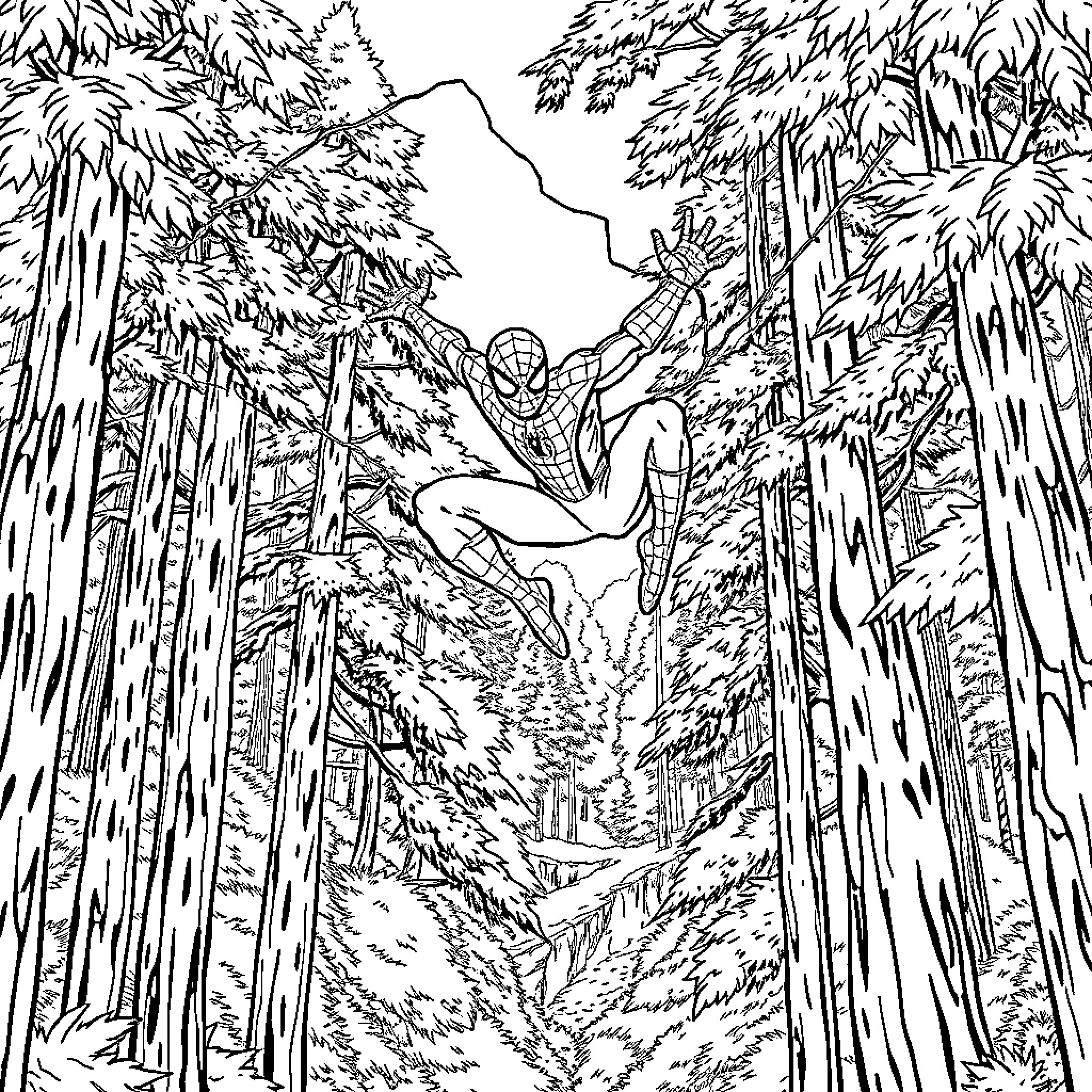 Spiderman swinging through the dense forest Coloring Page (free black-and-white line drawing printable PDF for all, from beginners to advanced learners, including children, teens, adults, and seniors)
