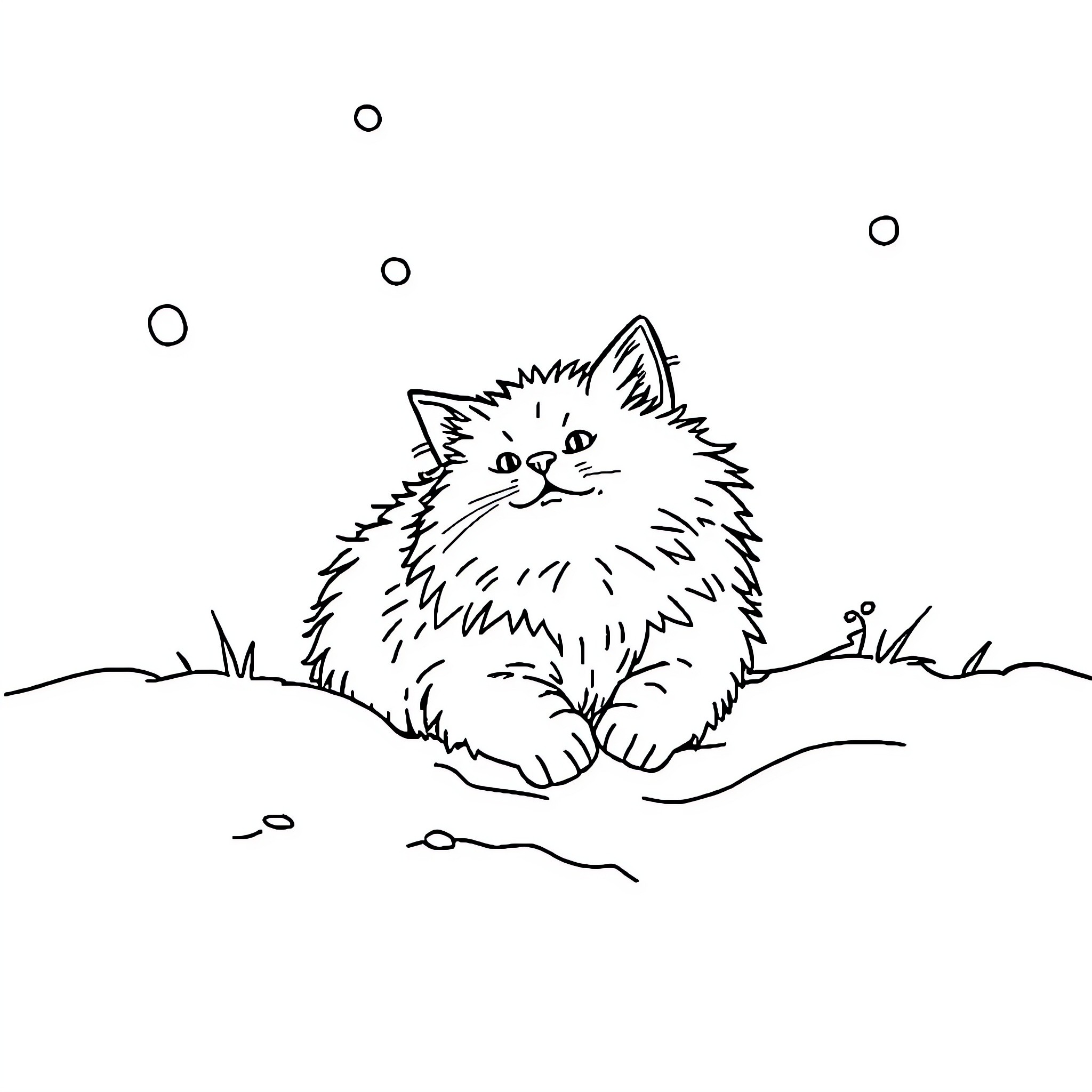 Cat in a Snowy Landscape Coloring Page (free black-and-white line drawing printable PDF for all, from beginners to advanced learners, including children, teens, adults, and seniors)