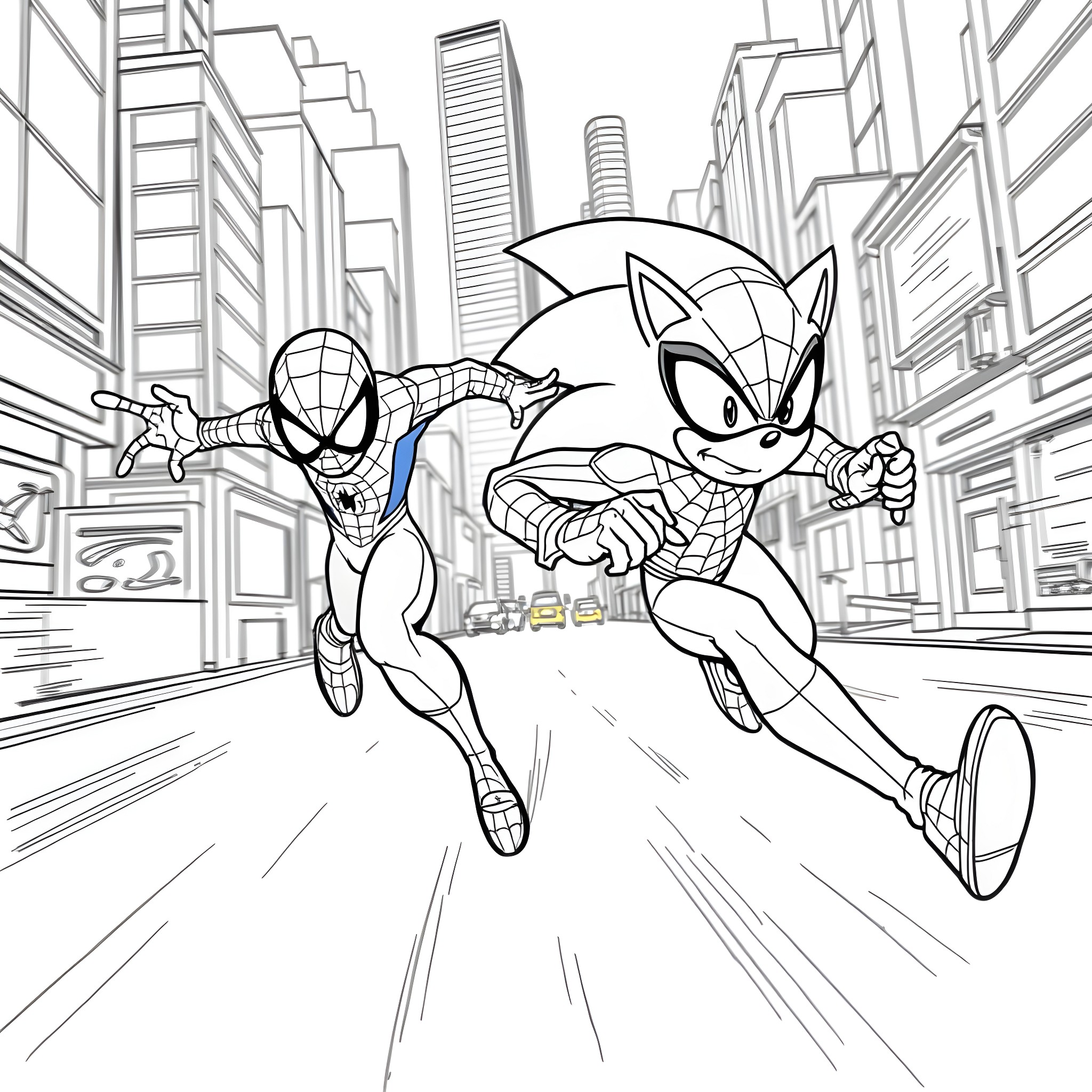 Spider-Man and Sonic the Hedgehog racing through the city Coloring Page (free black-and-white line drawing printable PDF for all, from beginners to advanced learners, including children, teens, adults, and seniors)