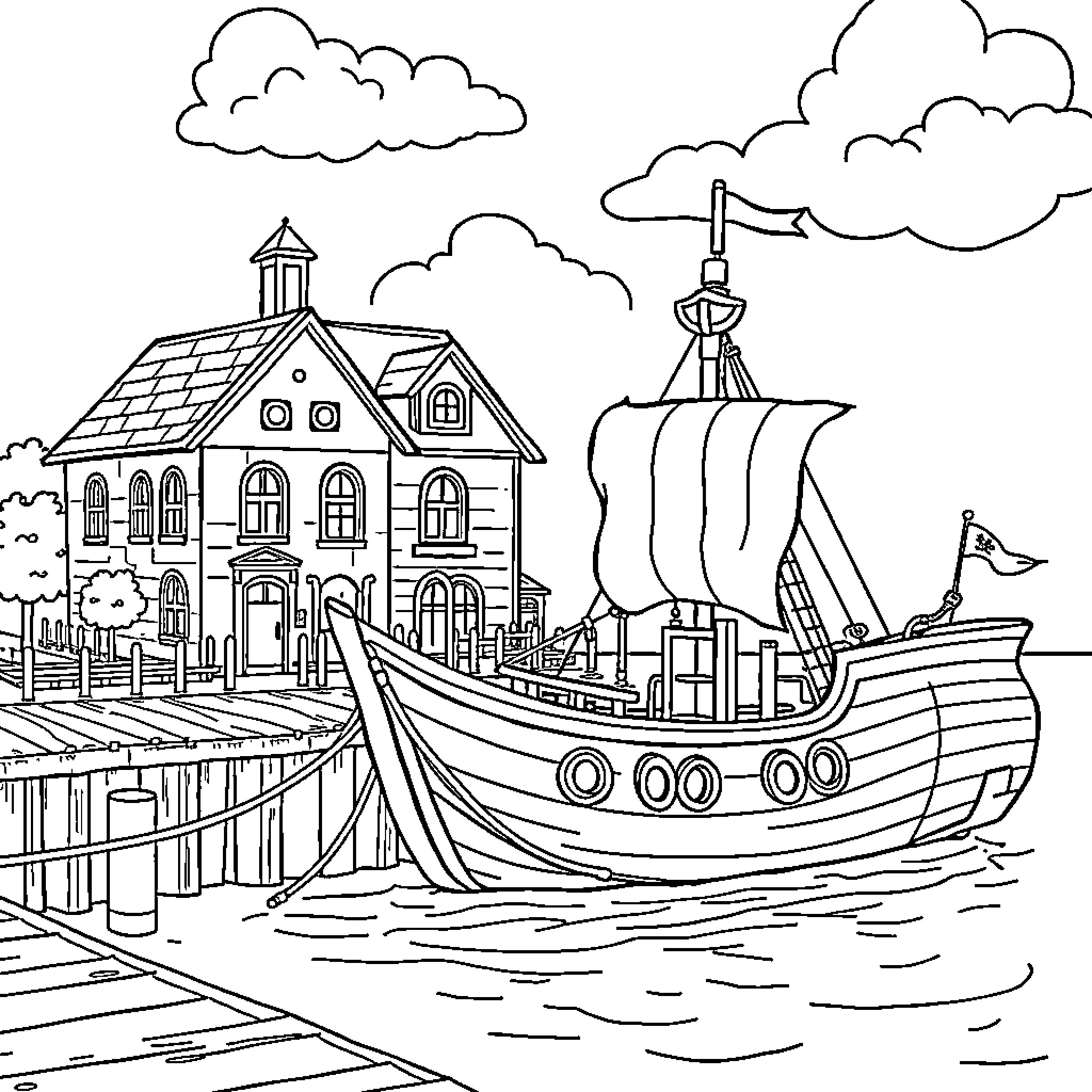 School Scene with Sailing Ship and Coastal Buildings Coloring Page (free black-and-white line drawing printable PDF for all, from beginners to advanced learners, including children, teens, adults, and seniors)