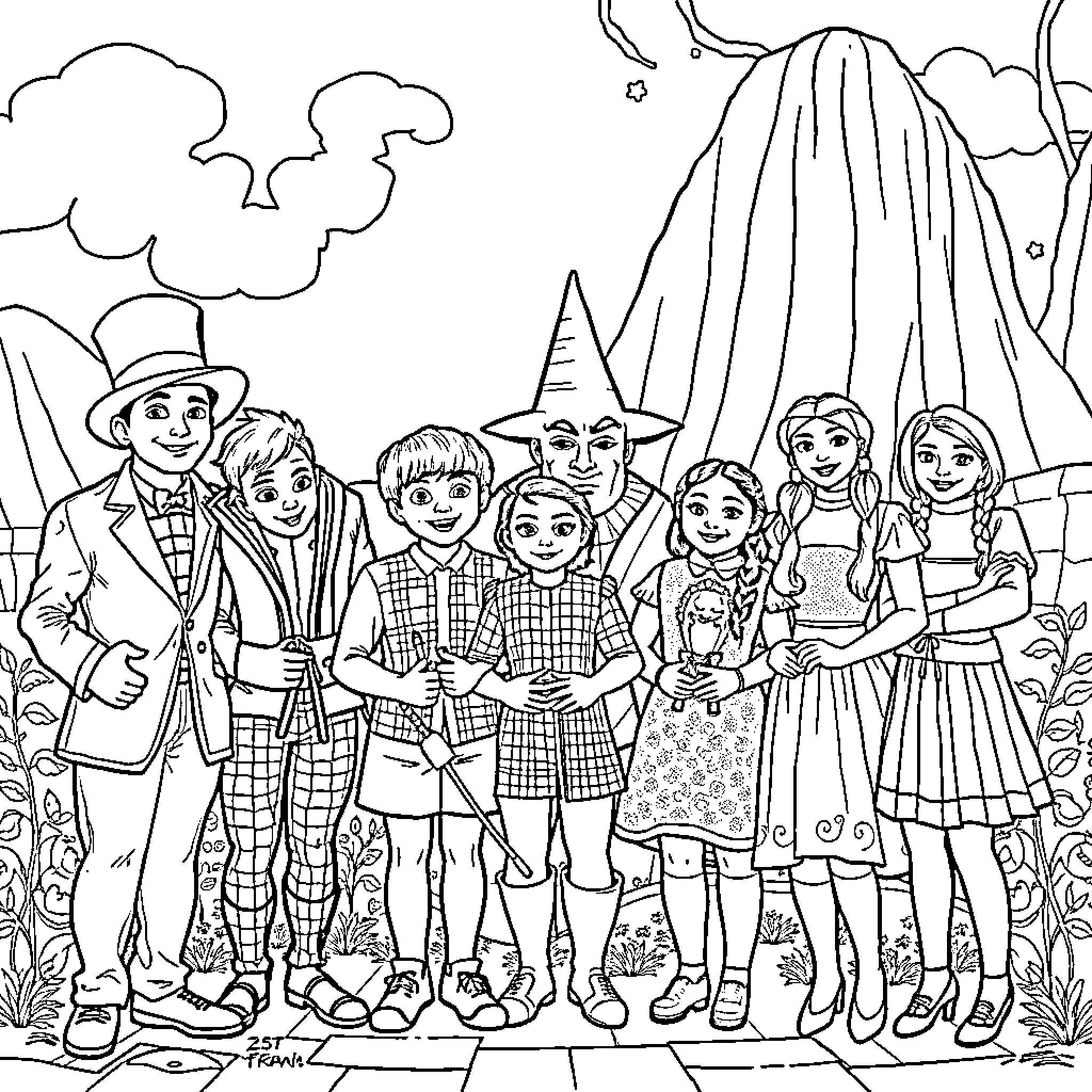 Charlie and Wizard of Oz Characters in Costume Coloring Page (free black-and-white line drawing printable PDF for all, from beginners to advanced learners, including children, teens, adults, and seniors)