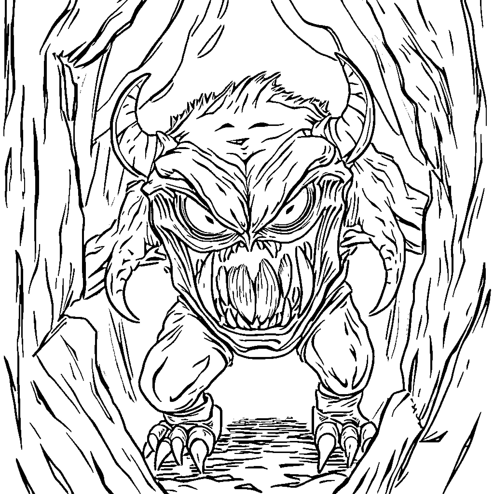 Monster emerging from the dark forest Coloring Page (free black-and-white line drawing printable PDF for all, from beginners to advanced learners, including children, teens, adults, and seniors)