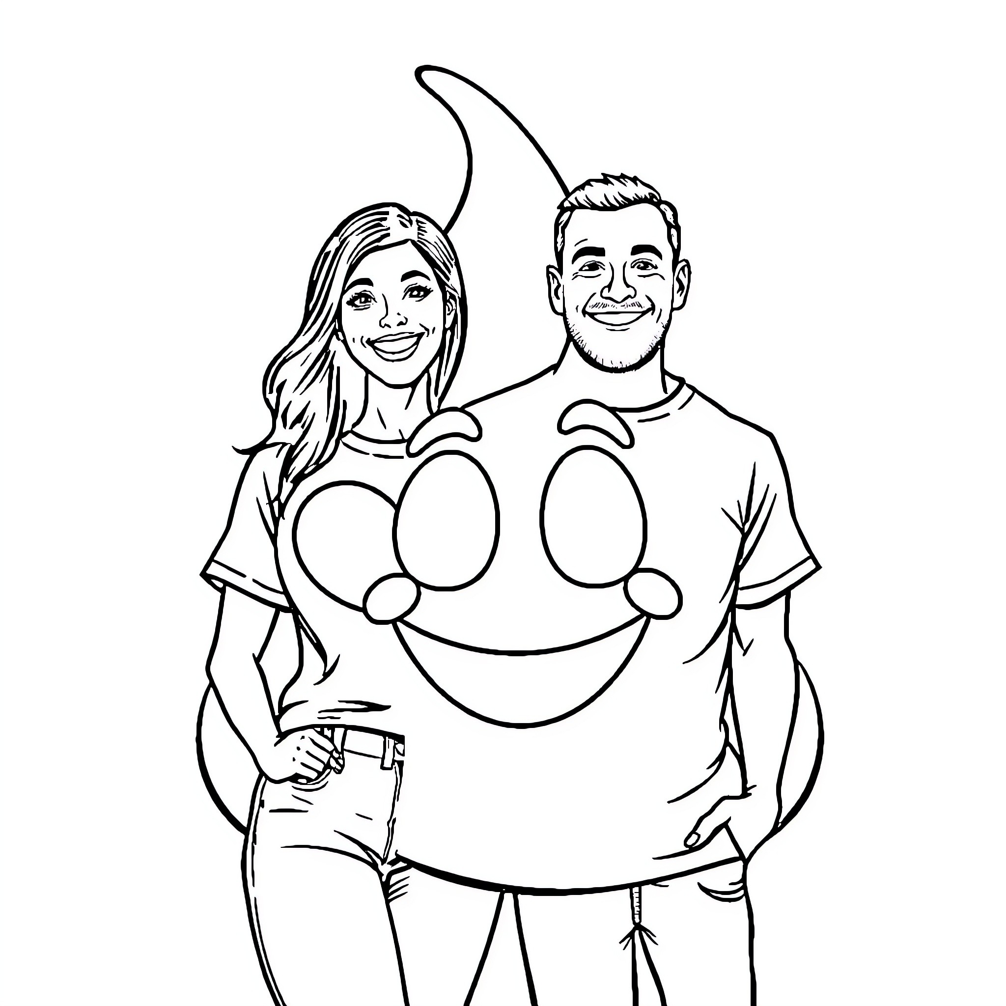 Poop Emoji couple posing happily together Coloring Page (free black-and-white line drawing printable PDF for all, from beginners to advanced learners, including children, teens, adults, and seniors)