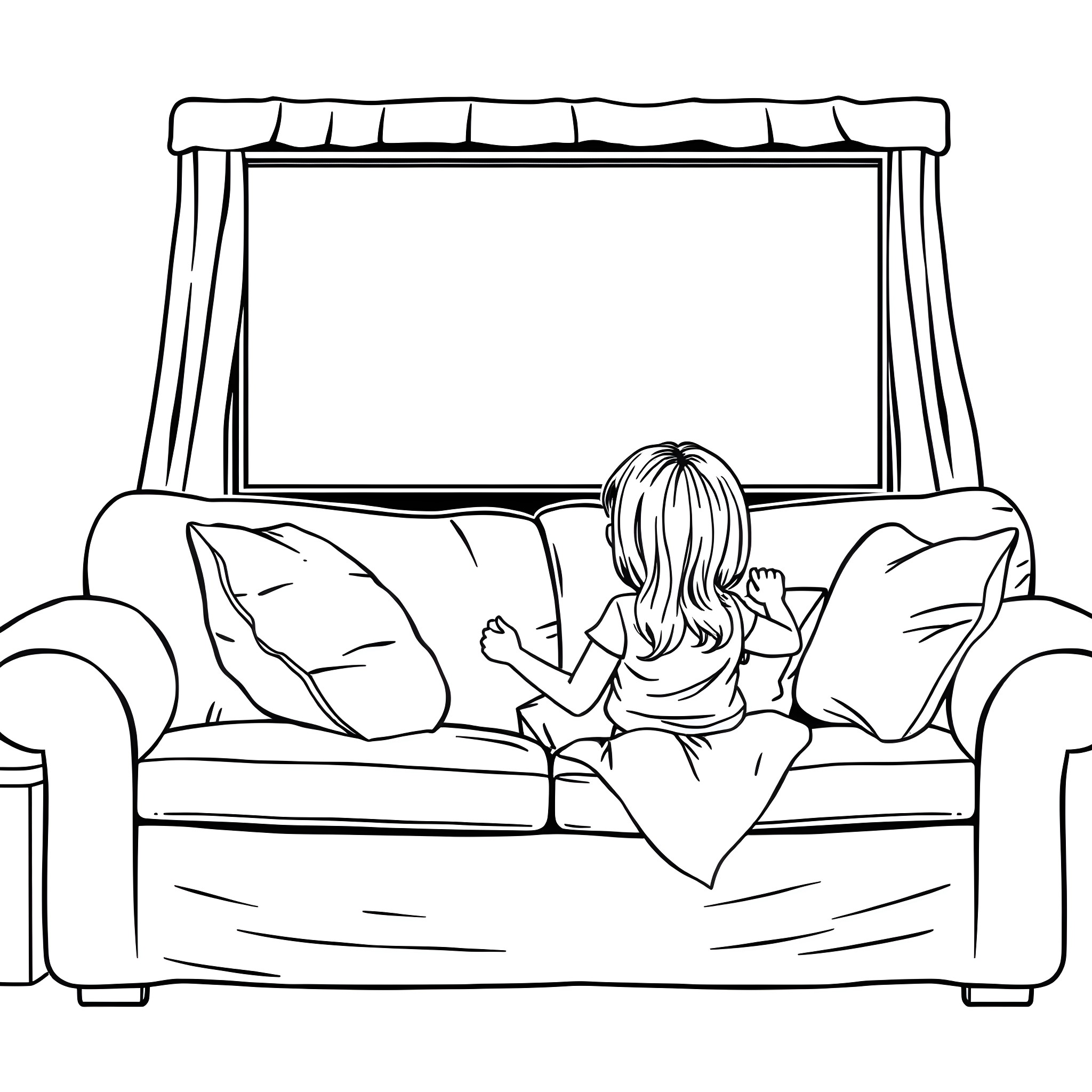 Girl relaxing on the couch watching TV Coloring Page (free black-and-white line drawing printable PDF for all, from beginners to advanced learners, including children, teens, adults, and seniors)