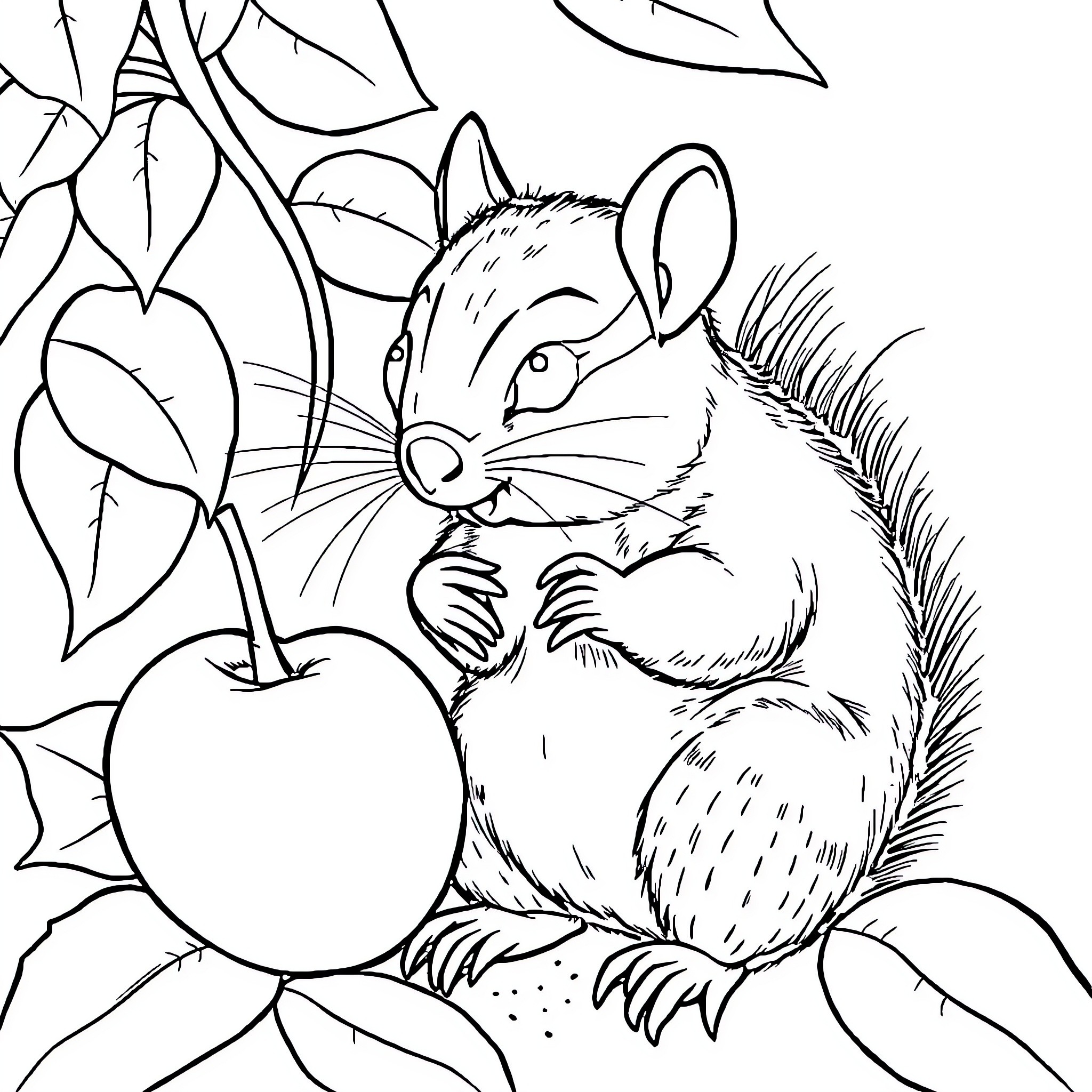 Caterpillar nibbling on an apple Coloring Page (free black-and-white line drawing printable PDF for all, from beginners to advanced learners, including children, teens, adults, and seniors)