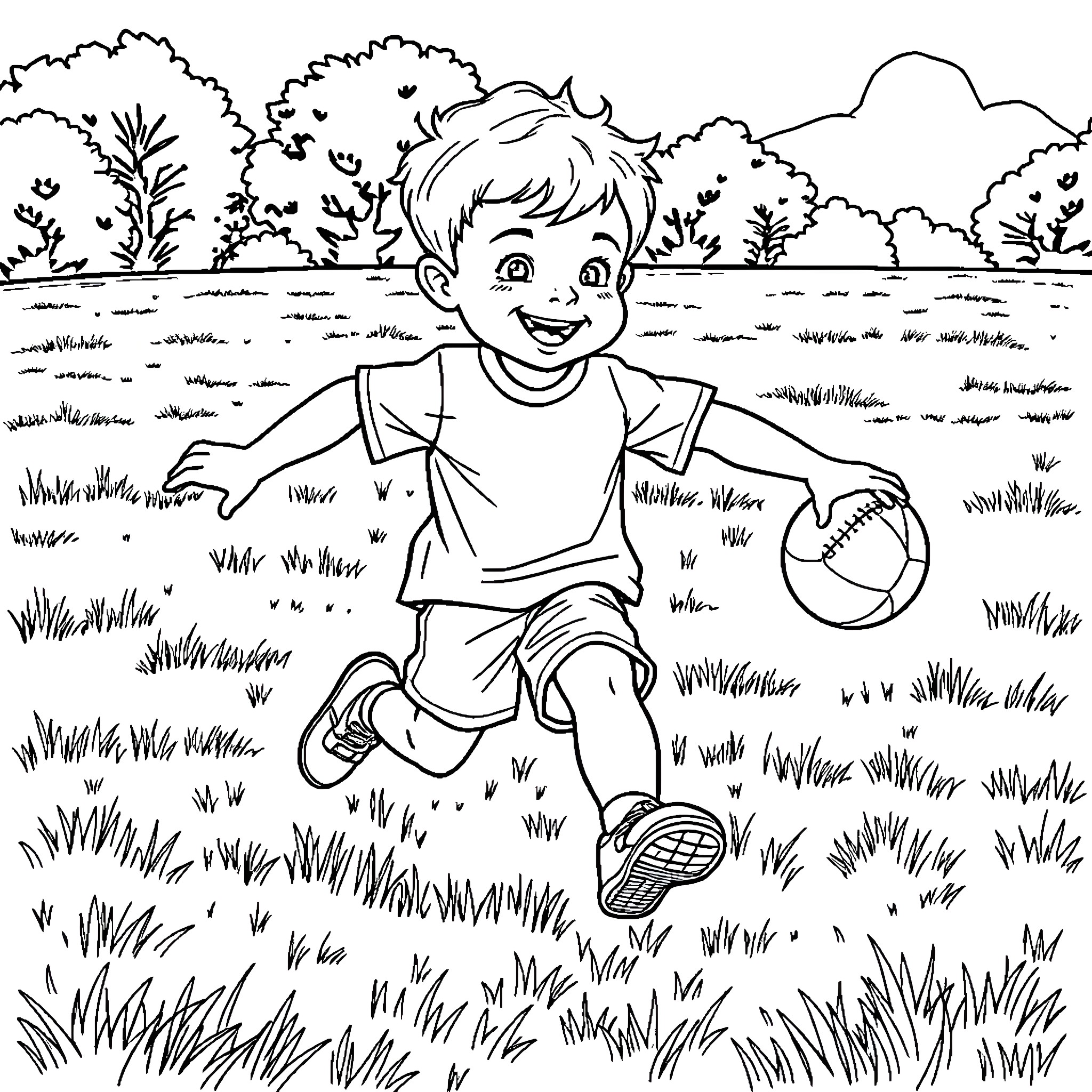 Child playing happily in the park Coloring Page (free black-and-white line drawing printable PDF for all, from beginners to advanced learners, including children, teens, adults, and seniors)