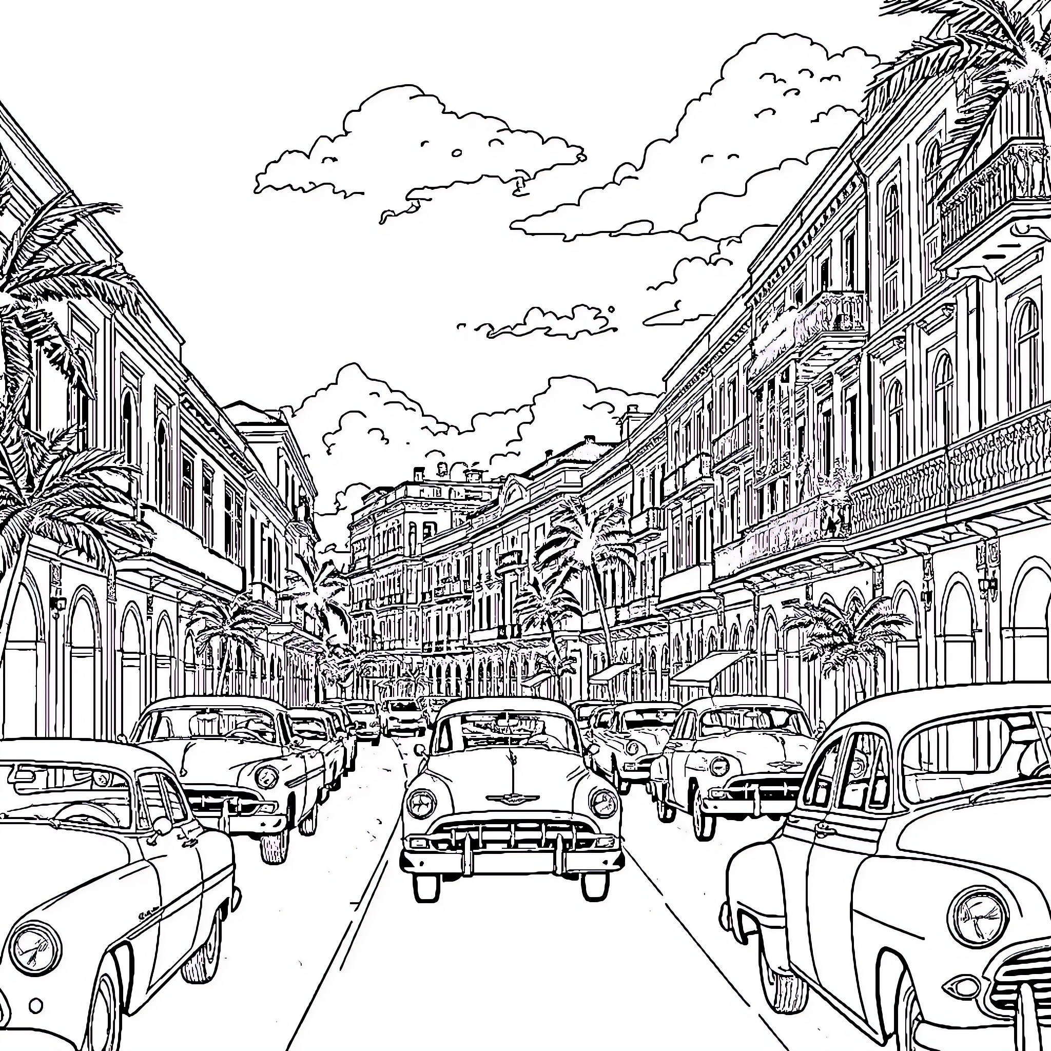 Havana cityscape with vintage cars and palm trees Coloring Page (free black-and-white line drawing printable PDF for all, from beginners to advanced learners, including children, teens, adults, and seniors)