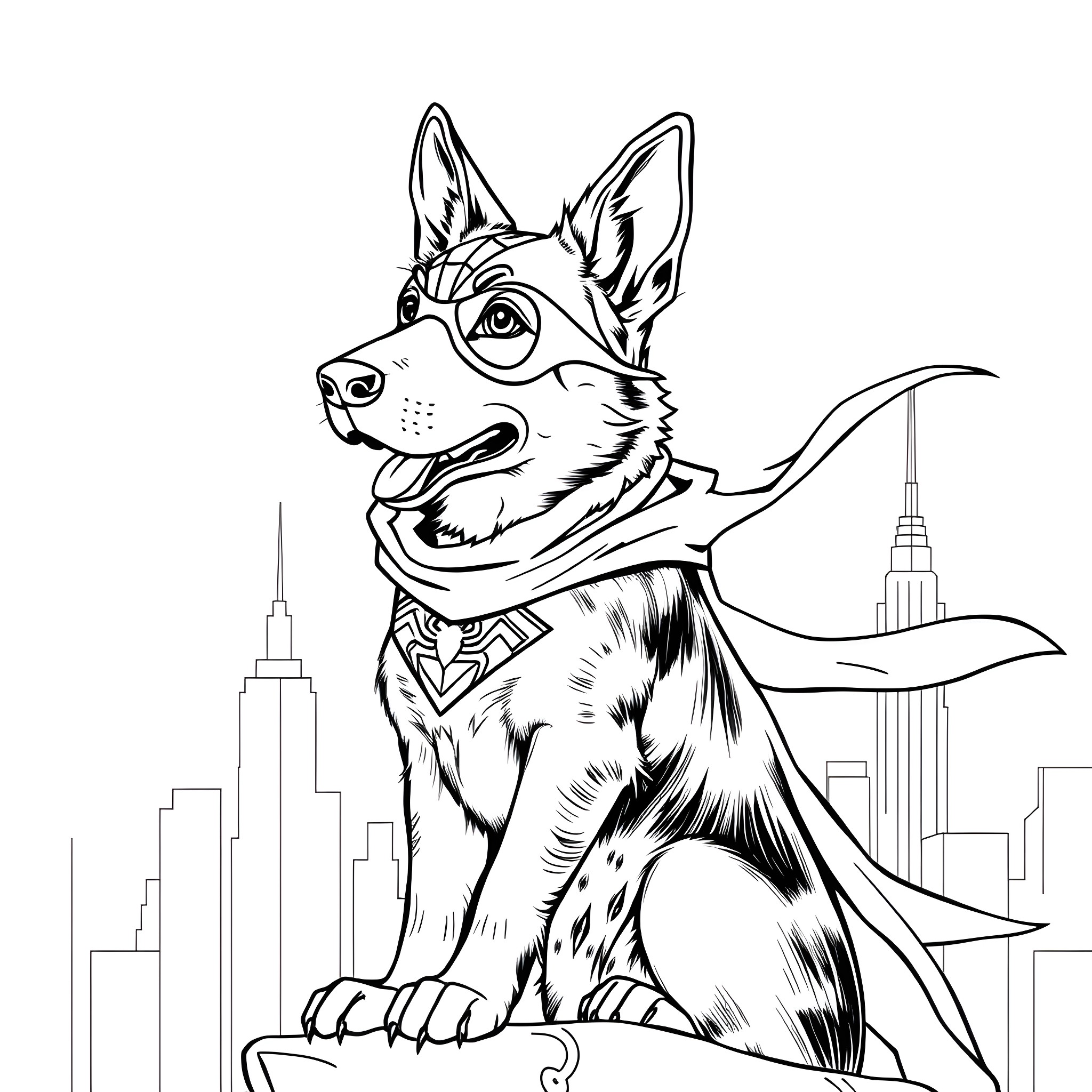 German Shepherd standing proudly in the city Coloring Page (free black-and-white line drawing printable PDF for all, from beginners to advanced learners, including children, teens, adults, and seniors)