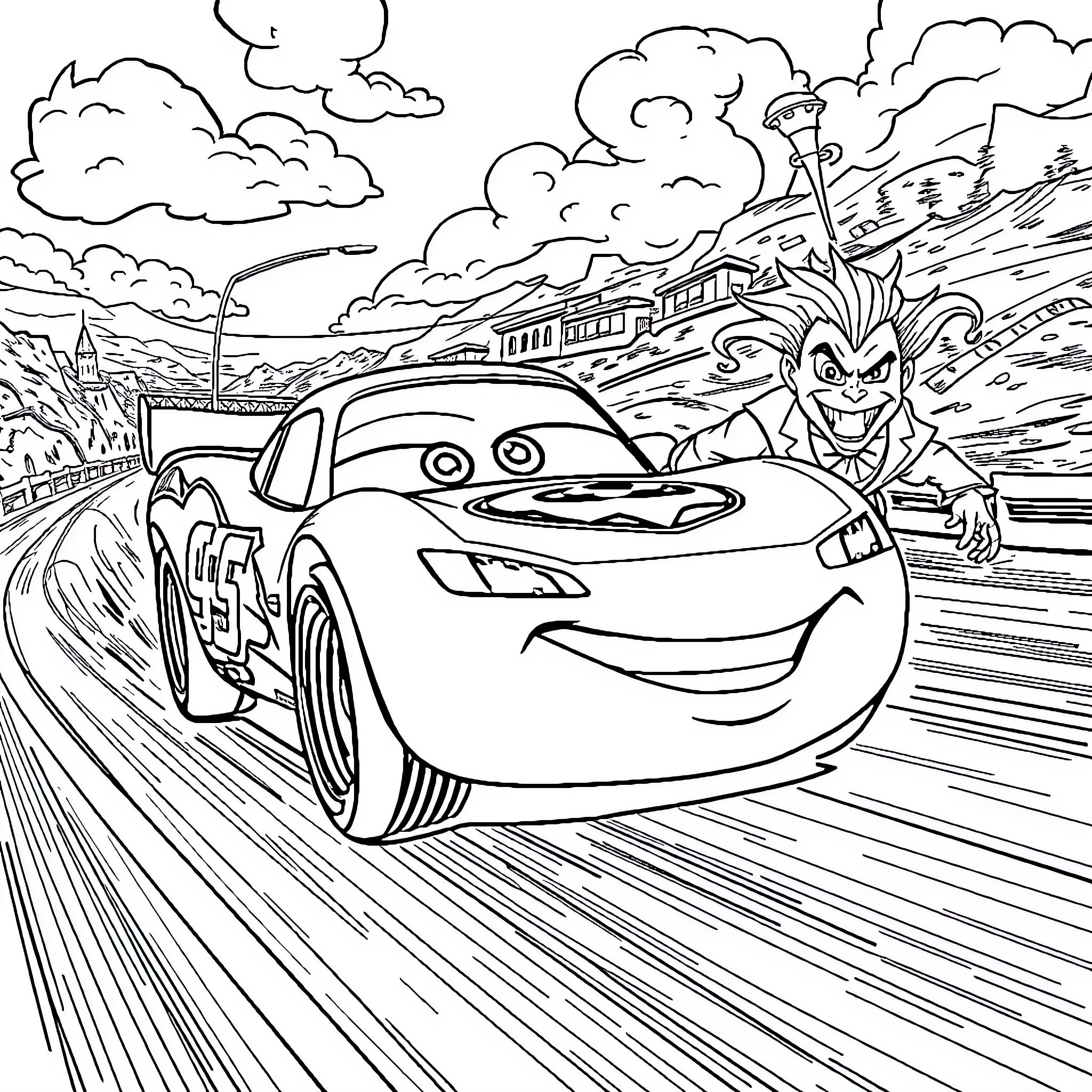 Lightning McQueen racing on the track with Mater in the background Coloring Page (free black-and-white line drawing printable PDF for all, from beginners to advanced learners, including children, teens, adults, and seniors)