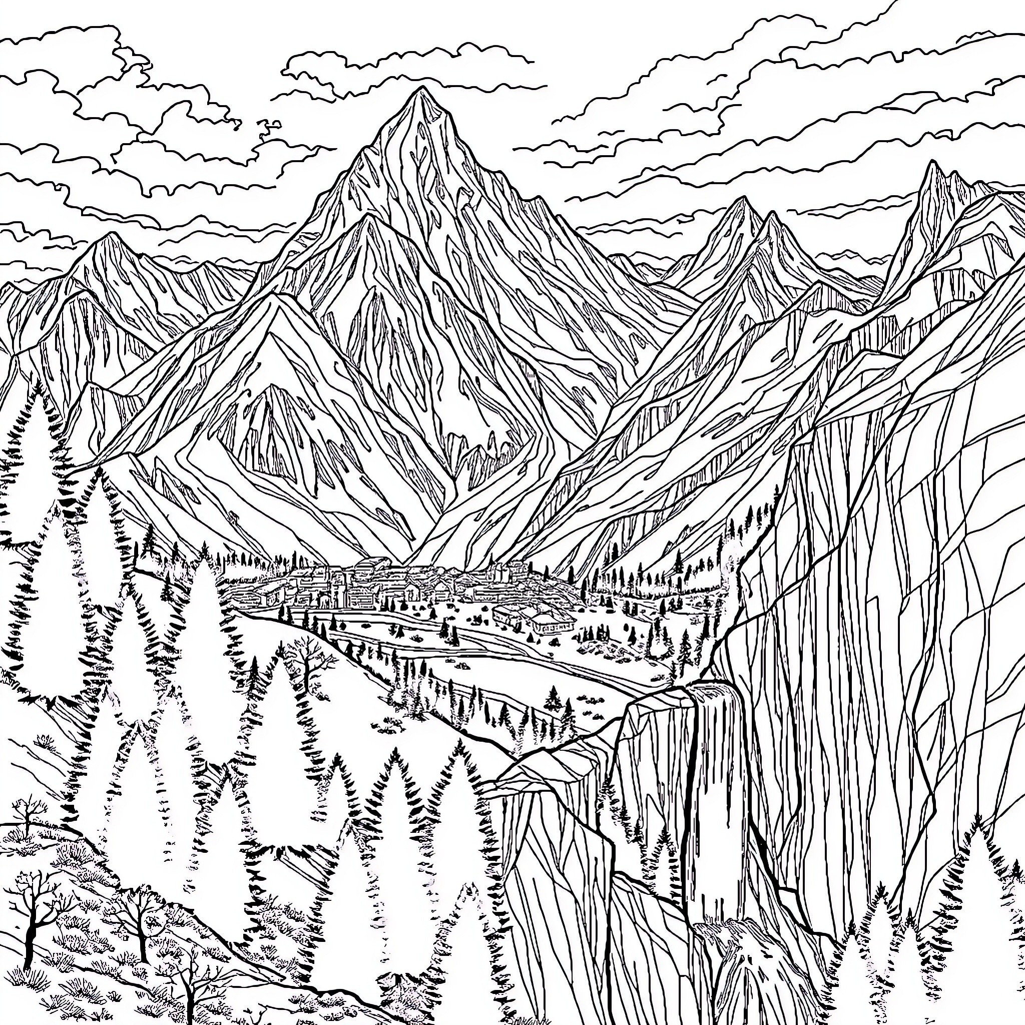Mountain landscape with snow-capped peaks and forest Coloring Page (free black-and-white line drawing printable PDF for all, from beginners to advanced learners, including children, teens, adults, and seniors)