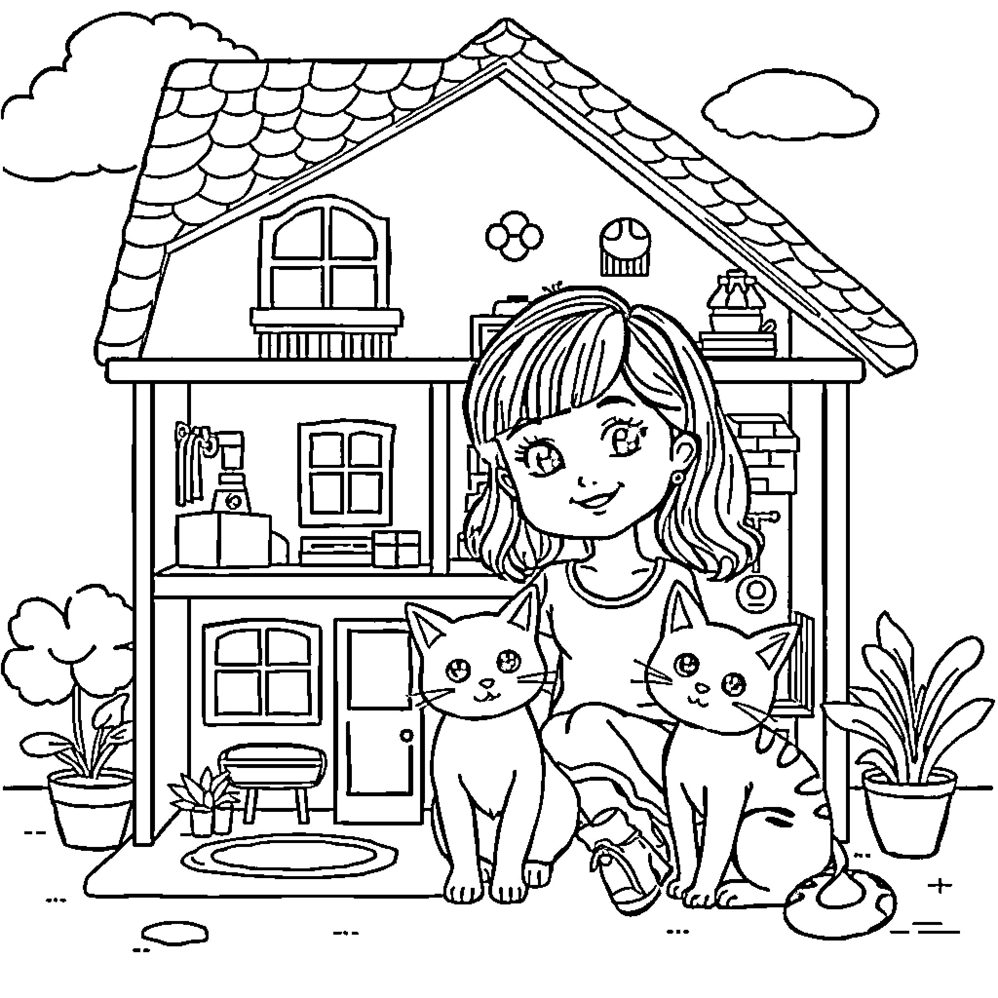 Gabby's Dollhouse featuring Gabby and her cats exploring the house Coloring Page (free black-and-white line drawing printable PDF for all, from beginners to advanced learners, including children, teens, adults, and seniors)