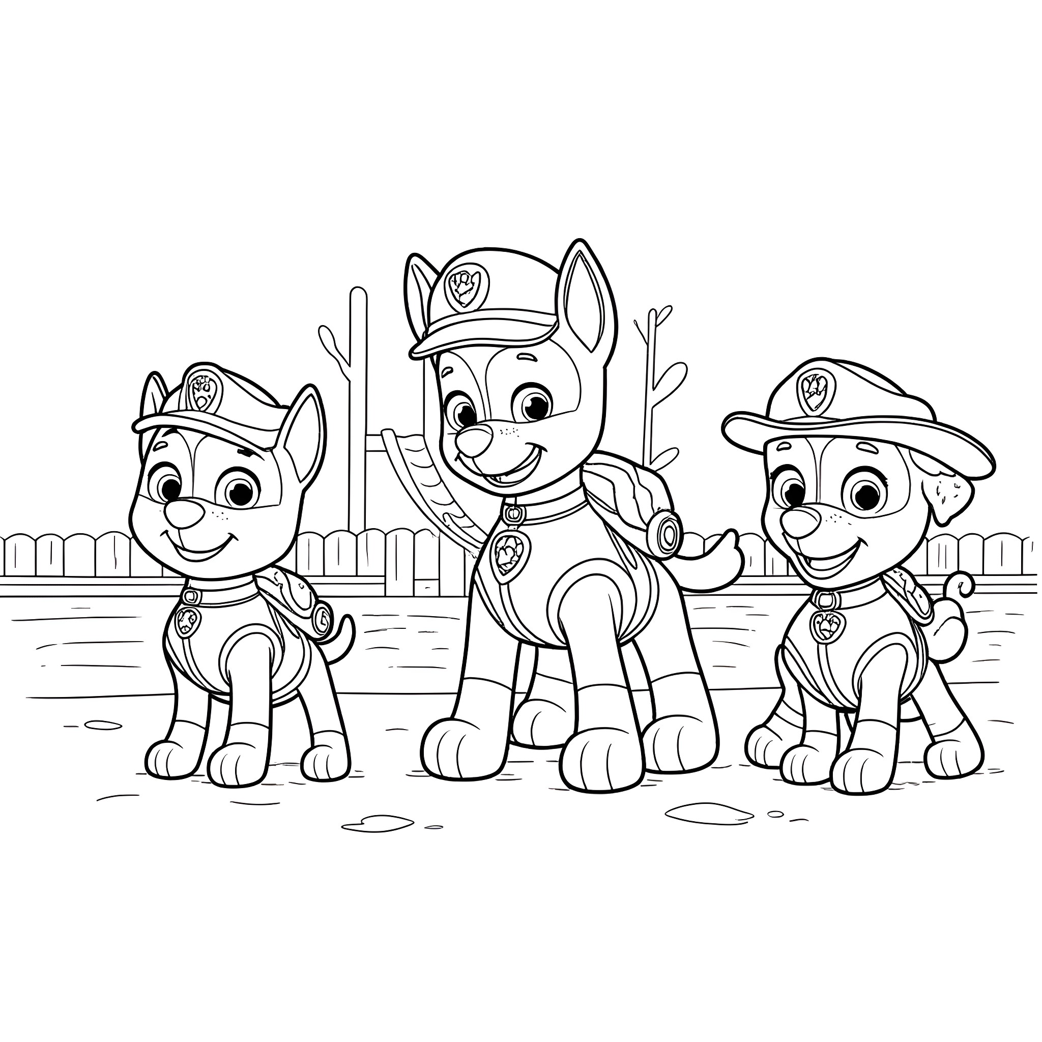 Paw Patrol puppies on duty in uniforms Coloring Page (free black-and-white line drawing printable PDF for all, from beginners to advanced learners, including children, teens, adults, and seniors)