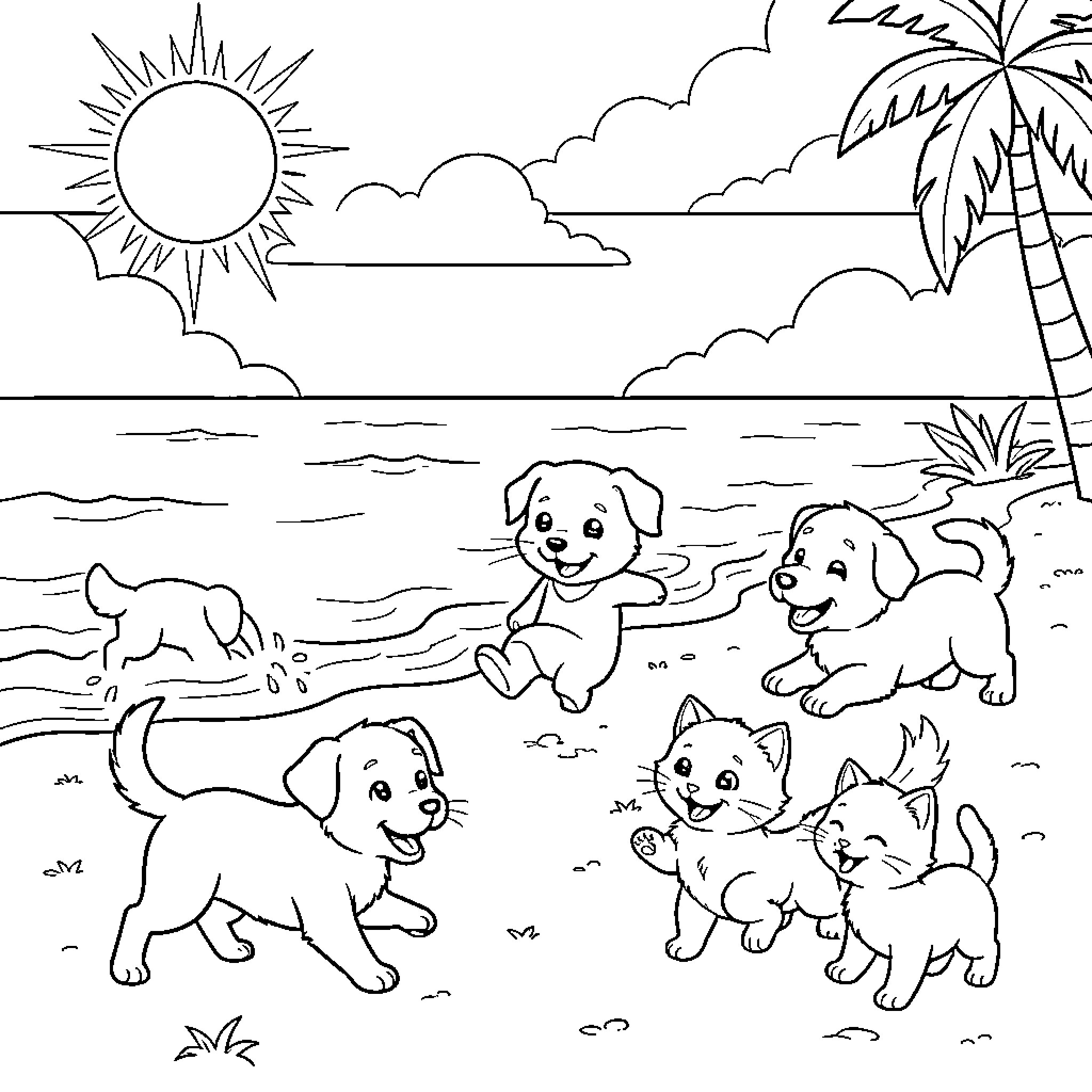 Dog Playful Pups on the Beach Coloring Page (free black-and-white line drawing printable PDF for all, from beginners to advanced learners, including children, teens, adults, and seniors)