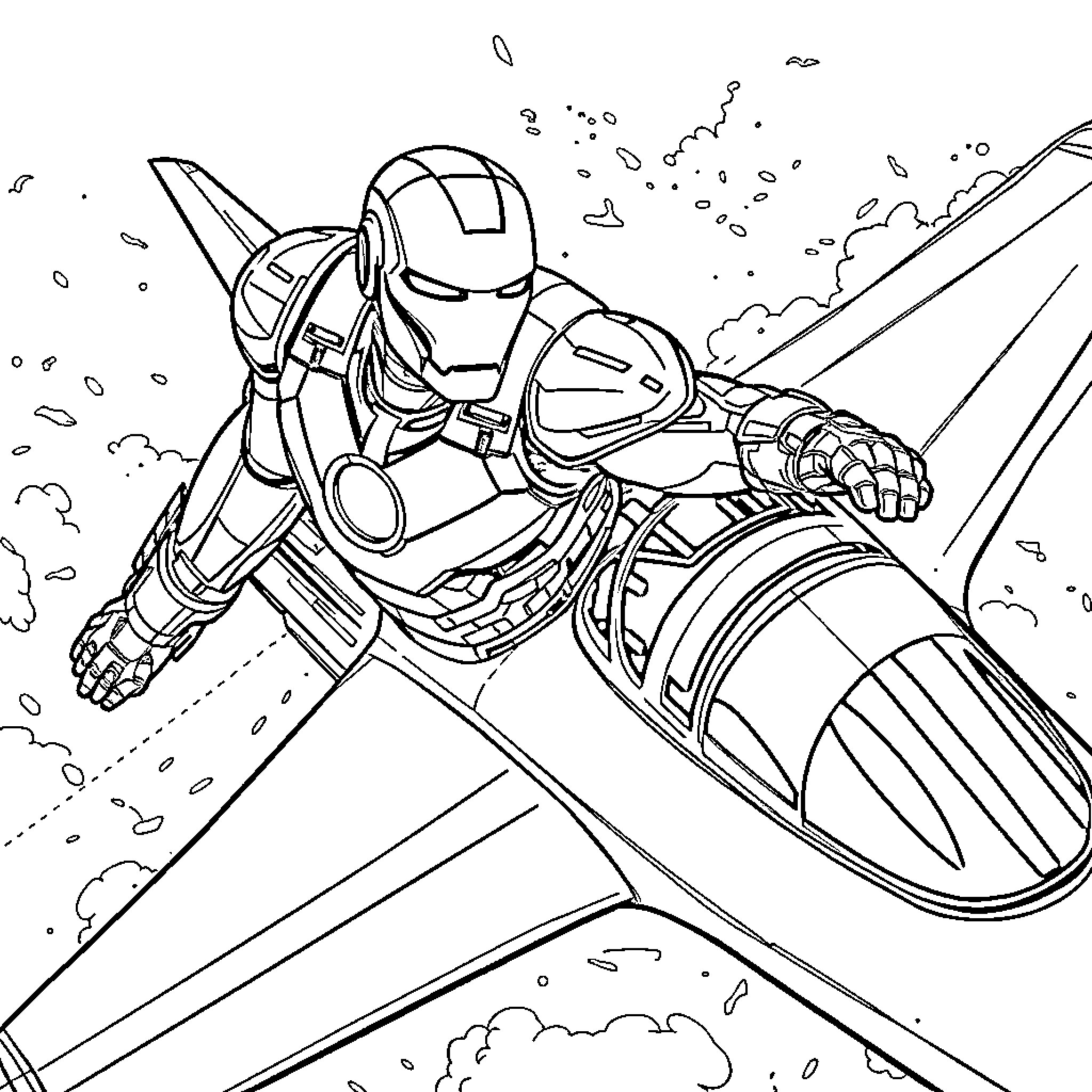 Iron Man in Action-Packed Heroic Flight Coloring Page (free black-and-white line drawing printable PDF for all, from beginners to advanced learners, including children, teens, adults, and seniors)