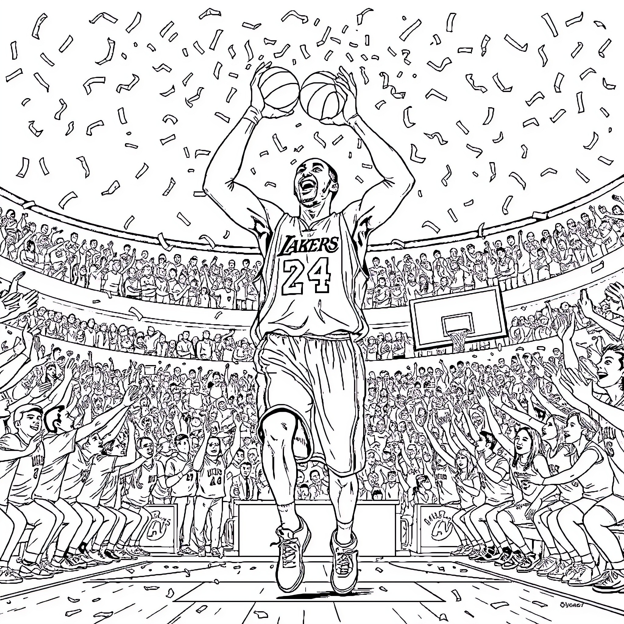 Kobe Celebrates Victory with Crowd Coloring Page (free black-and-white line drawing printable PDF for all, from beginners to advanced learners, including children, teens, adults, and seniors)