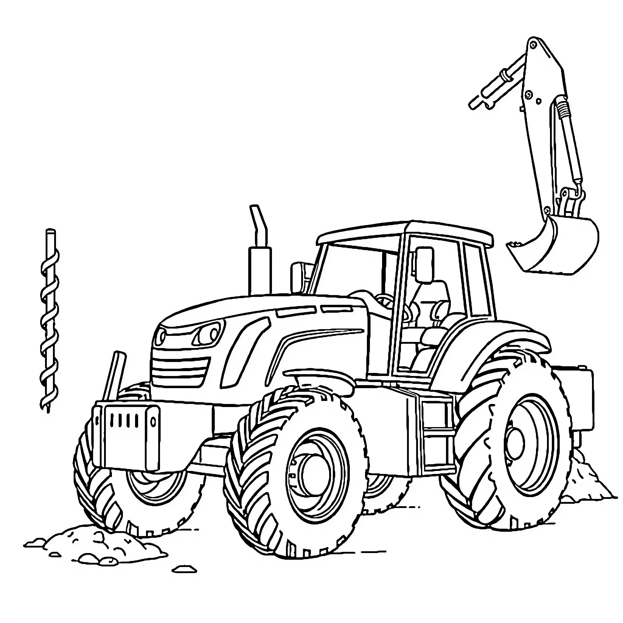 Tracteur digging and excavating on the construction site Coloring Page (free black-and-white line drawing printable PDF for all, from beginners to advanced learners, including children, teens, adults, and seniors)