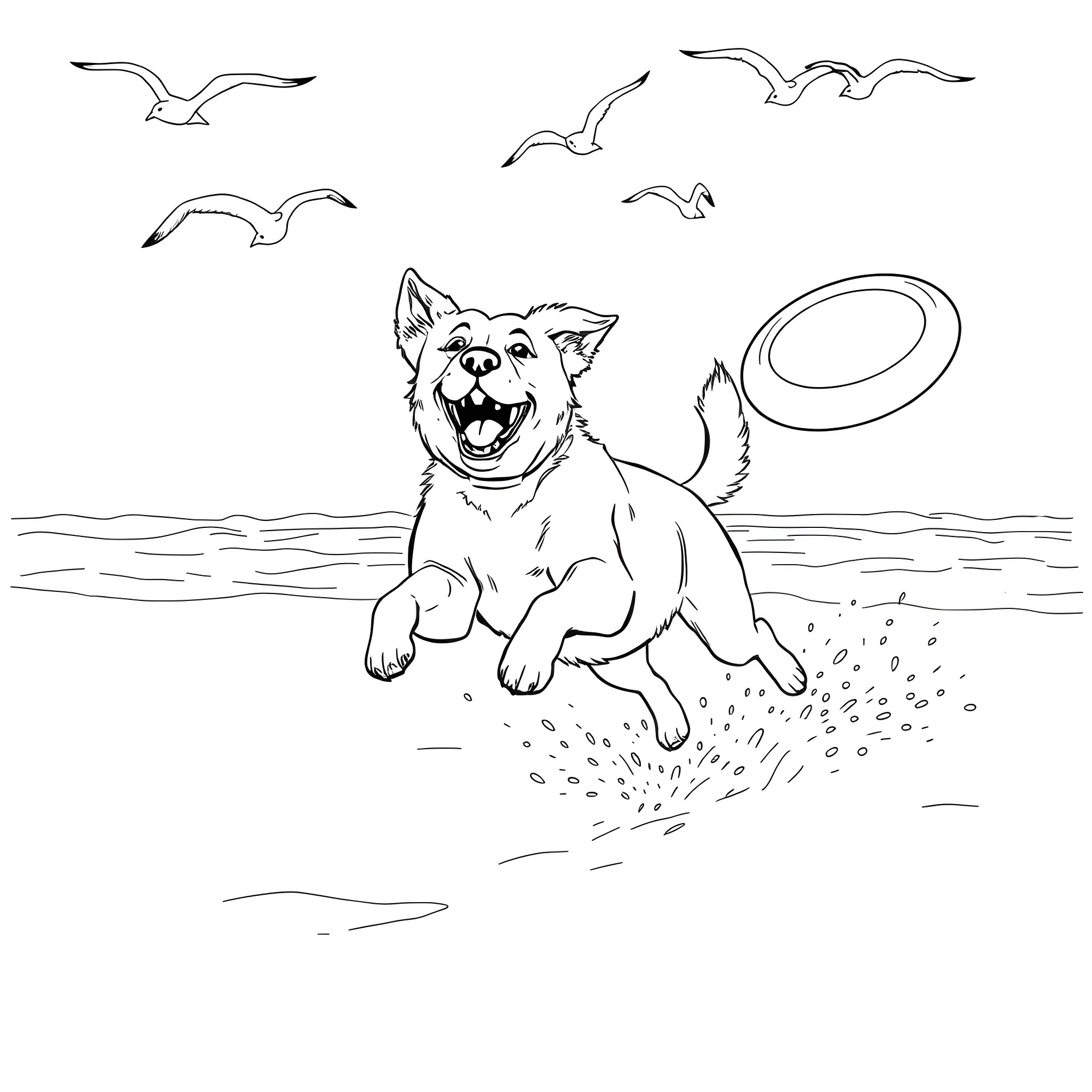 Dog playing joyfully with frisbee on the beach Coloring Page (free black-and-white line drawing printable PDF for all, from beginners to advanced learners, including children, teens, adults, and seniors)