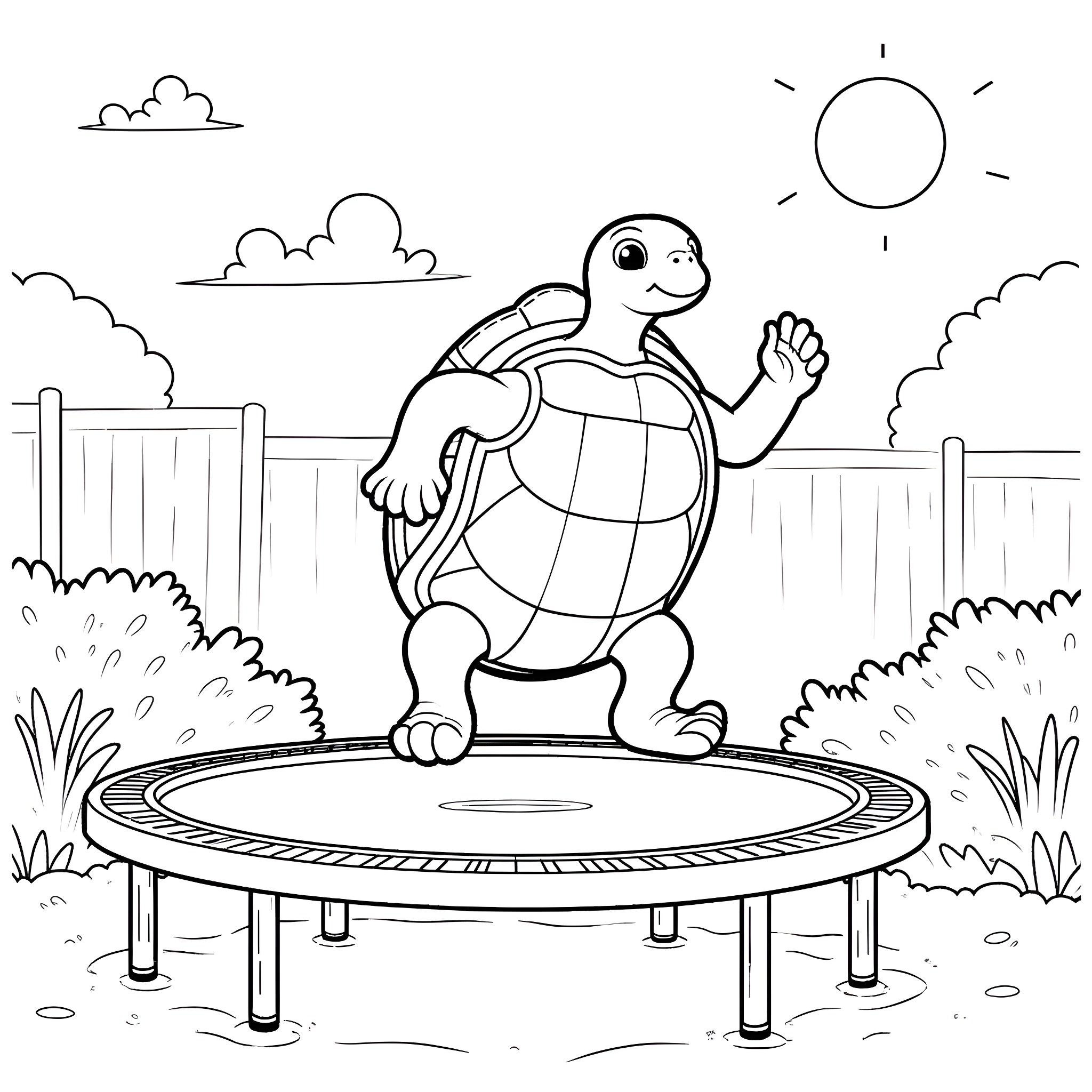 Turtle happily jumping on trampoline in the park Coloring Page (free black-and-white line drawing printable PDF for all, from beginners to advanced learners, including children, teens, adults, and seniors)