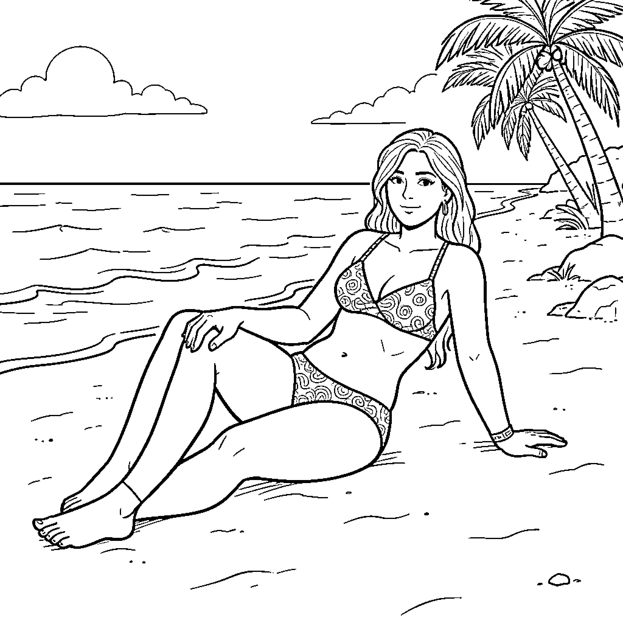 Shamir relaxing on a beach in a bikini Coloring Page (free black-and-white line drawing printable PDF for all, from beginners to advanced learners, including children, teens, adults, and seniors)