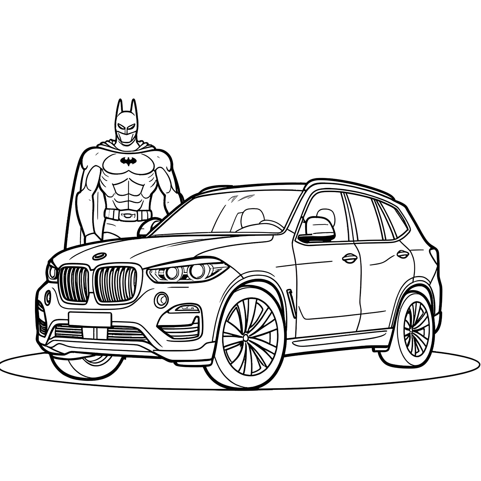 Batman guards a luxurious sports utility vehicle Coloring Page (free black-and-white line drawing printable PDF for all, from beginners to advanced learners, including children, teens, adults, and seniors)