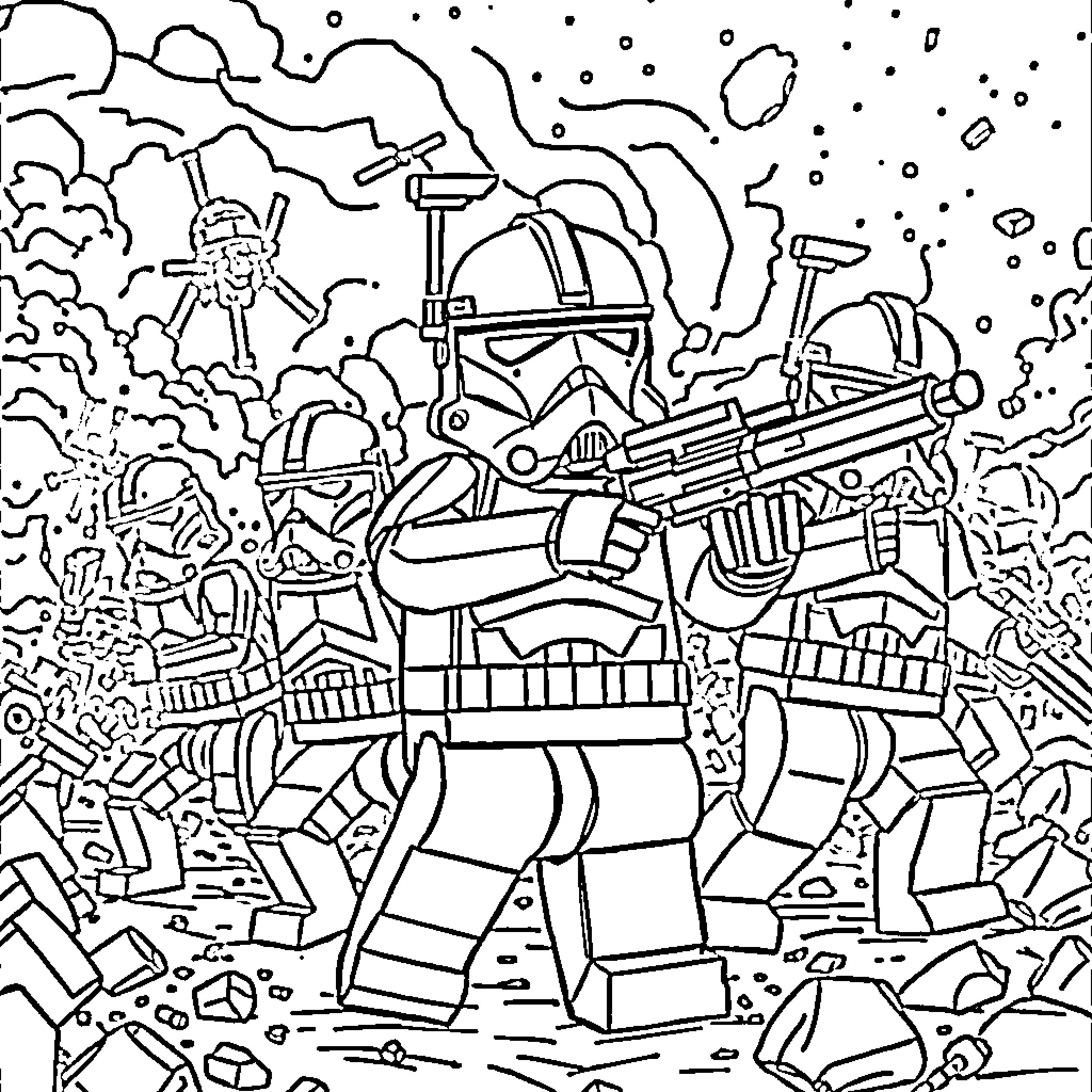 Clone Troopers in Battle Gear Engaging in Action Coloring Page (free black-and-white line drawing printable PDF for all, from beginners to advanced learners, including children, teens, adults, and seniors)