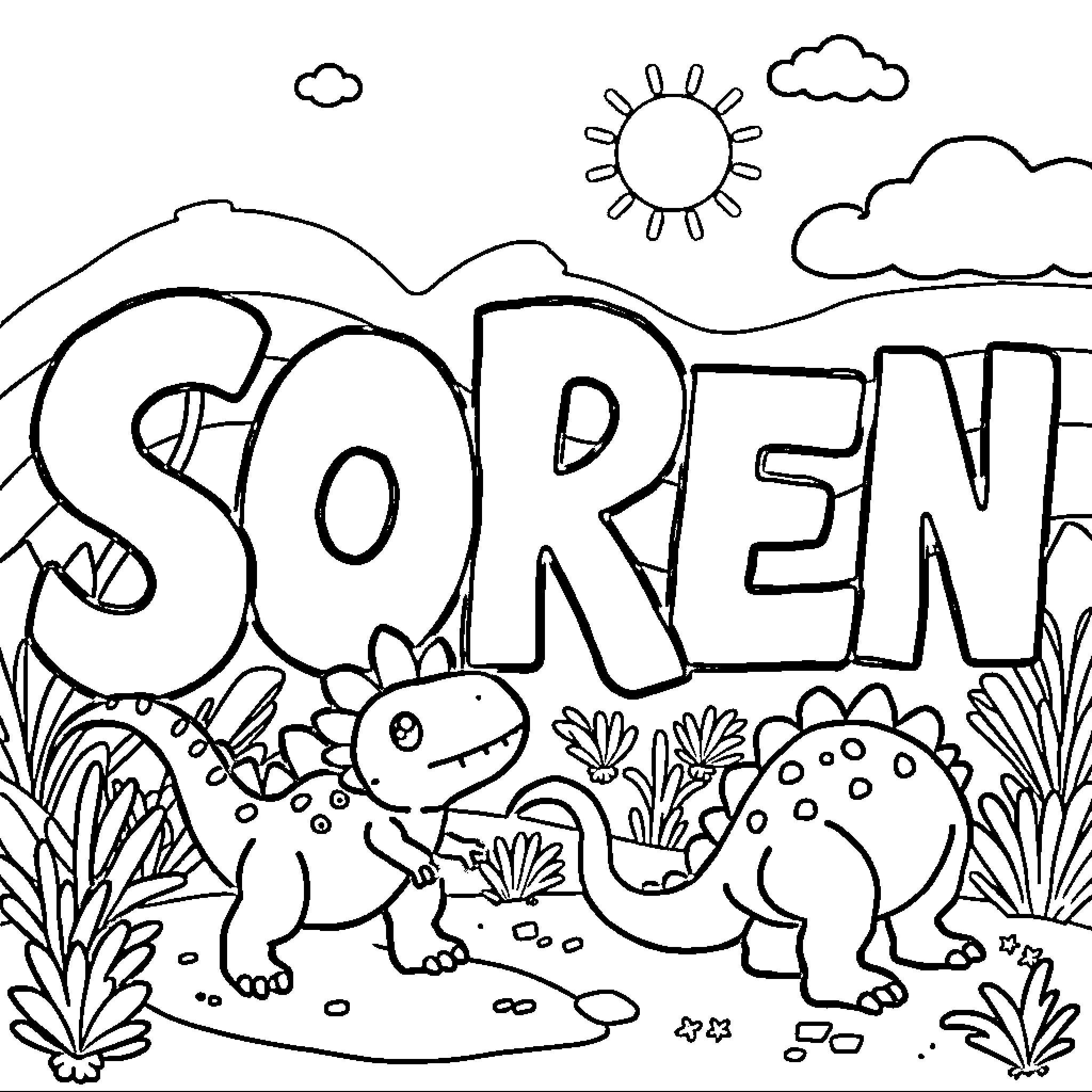 Dinosaur friends exploring the scenic landscape Coloring Page (free black-and-white line drawing printable PDF for all, from beginners to advanced learners, including children, teens, adults, and seniors)