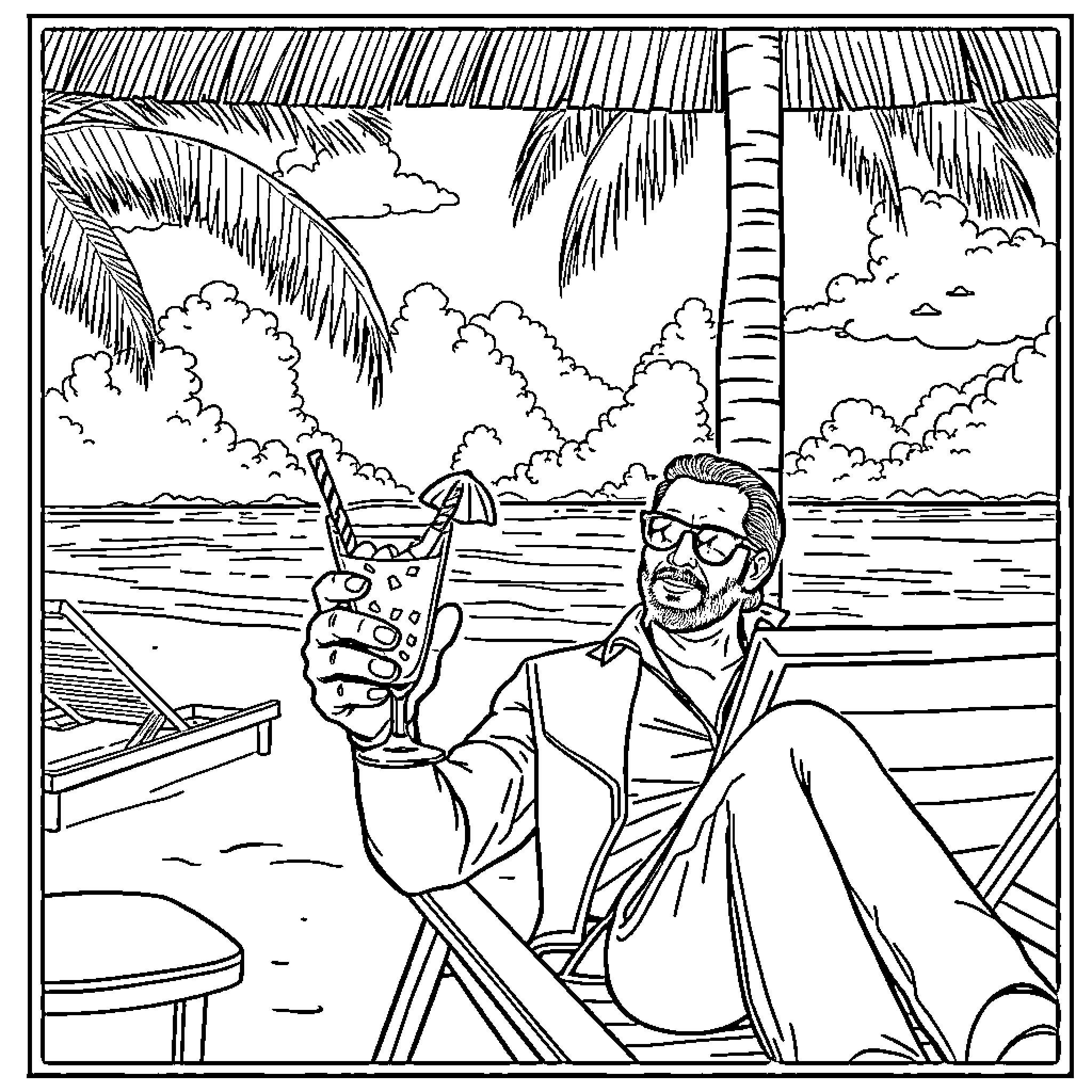 John Wick relaxing on a tropical beach with a drink Coloring Page (free black-and-white line drawing printable PDF for all, from beginners to advanced learners, including children, teens, adults, and seniors)