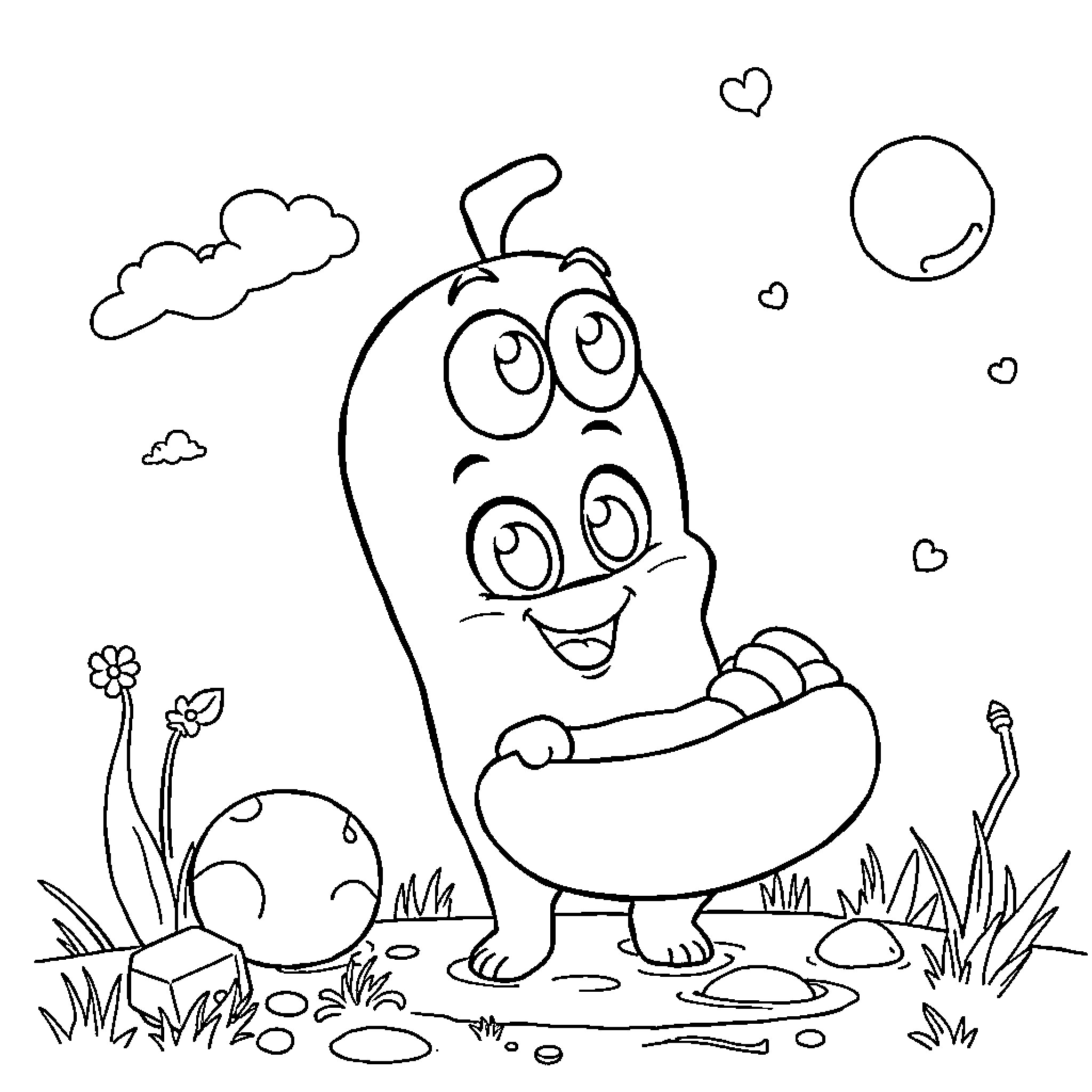 Pinky Malinky having fun in nature Coloring Page (free black-and-white line drawing printable PDF for all, from beginners to advanced learners, including children, teens, adults, and seniors)