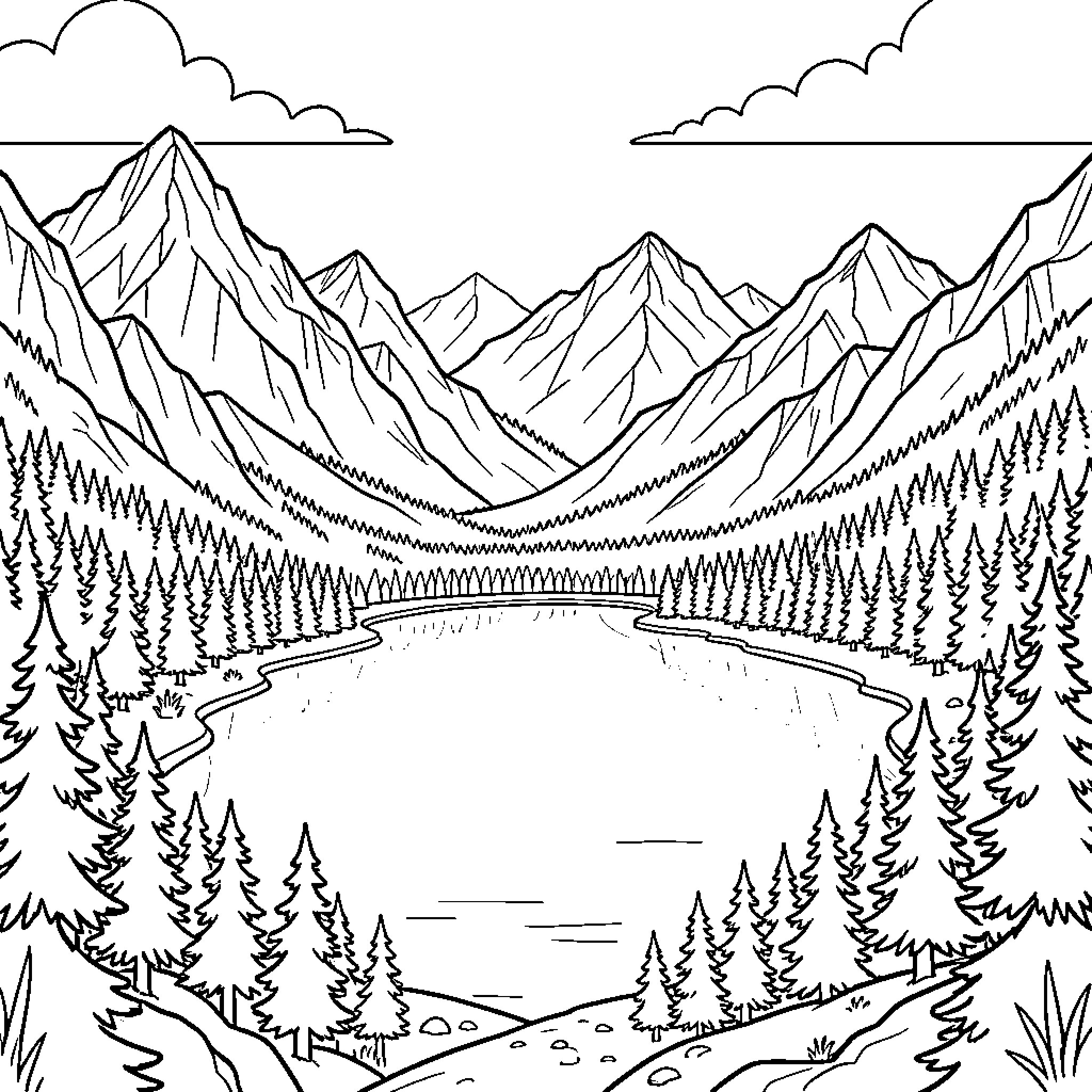 Mountain landscape with a peaceful lake and forest Coloring Page (free black-and-white line drawing printable PDF for all, from beginners to advanced learners, including children, teens, adults, and seniors)