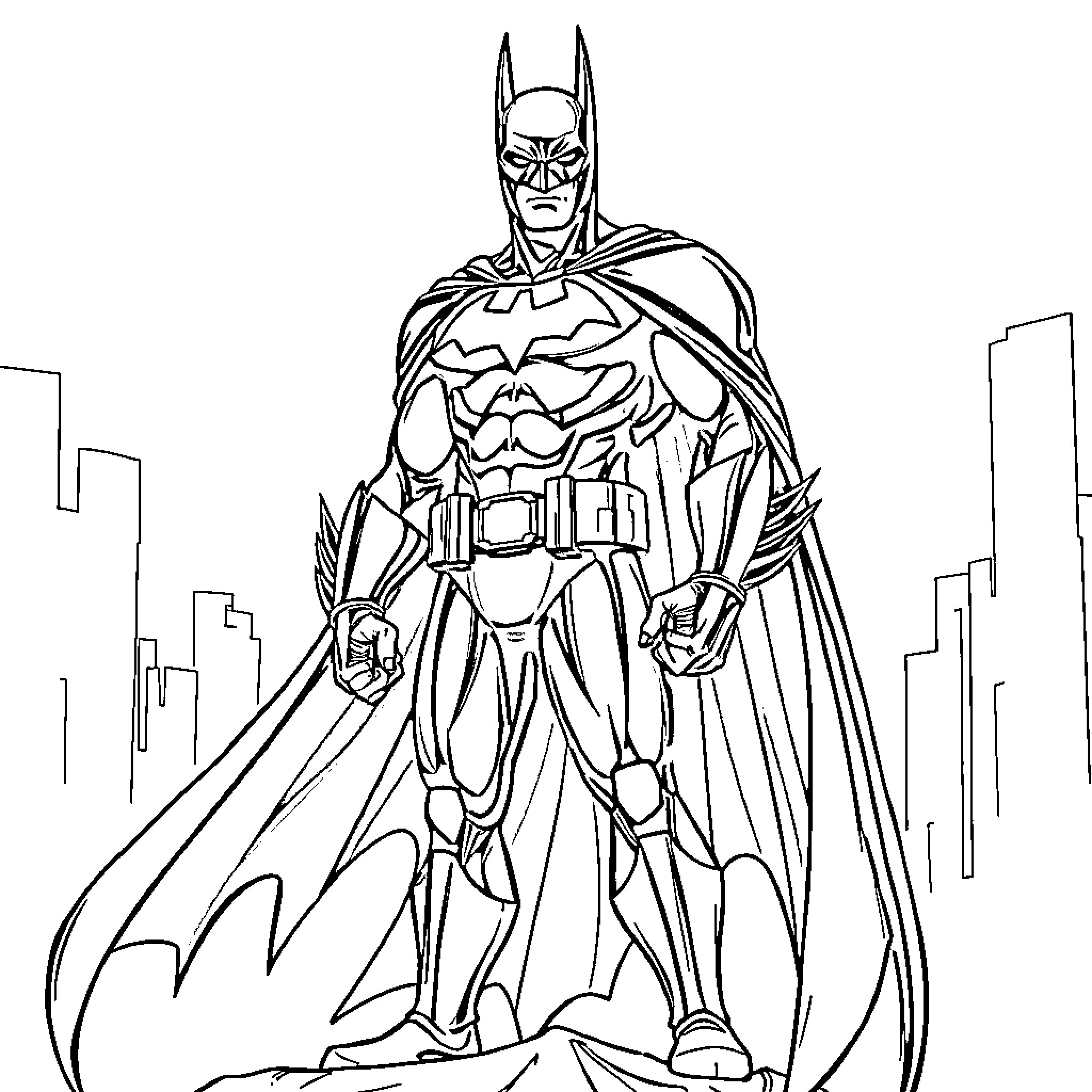 Batman in Action Pose with City Backdrop Coloring Page (free black-and-white line drawing printable PDF for all, from beginners to advanced learners, including children, teens, adults, and seniors)