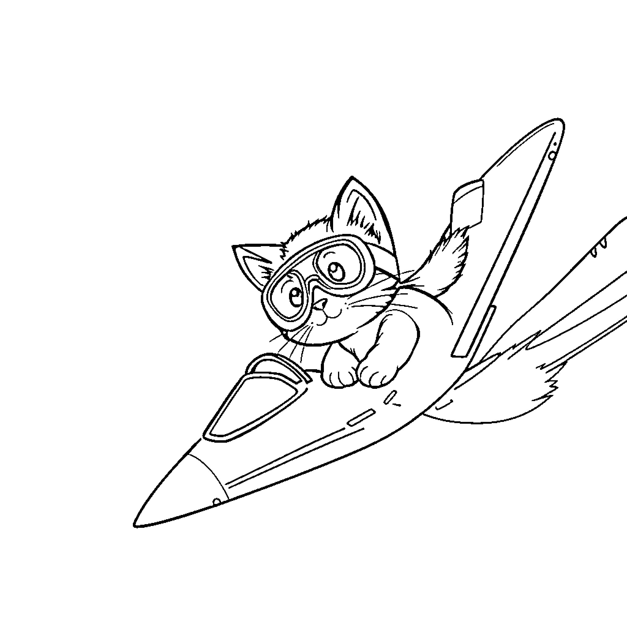 Kitten riding a rocket with excitement Coloring Page (free black-and-white line drawing printable PDF for all, from beginners to advanced learners, including children, teens, adults, and seniors)