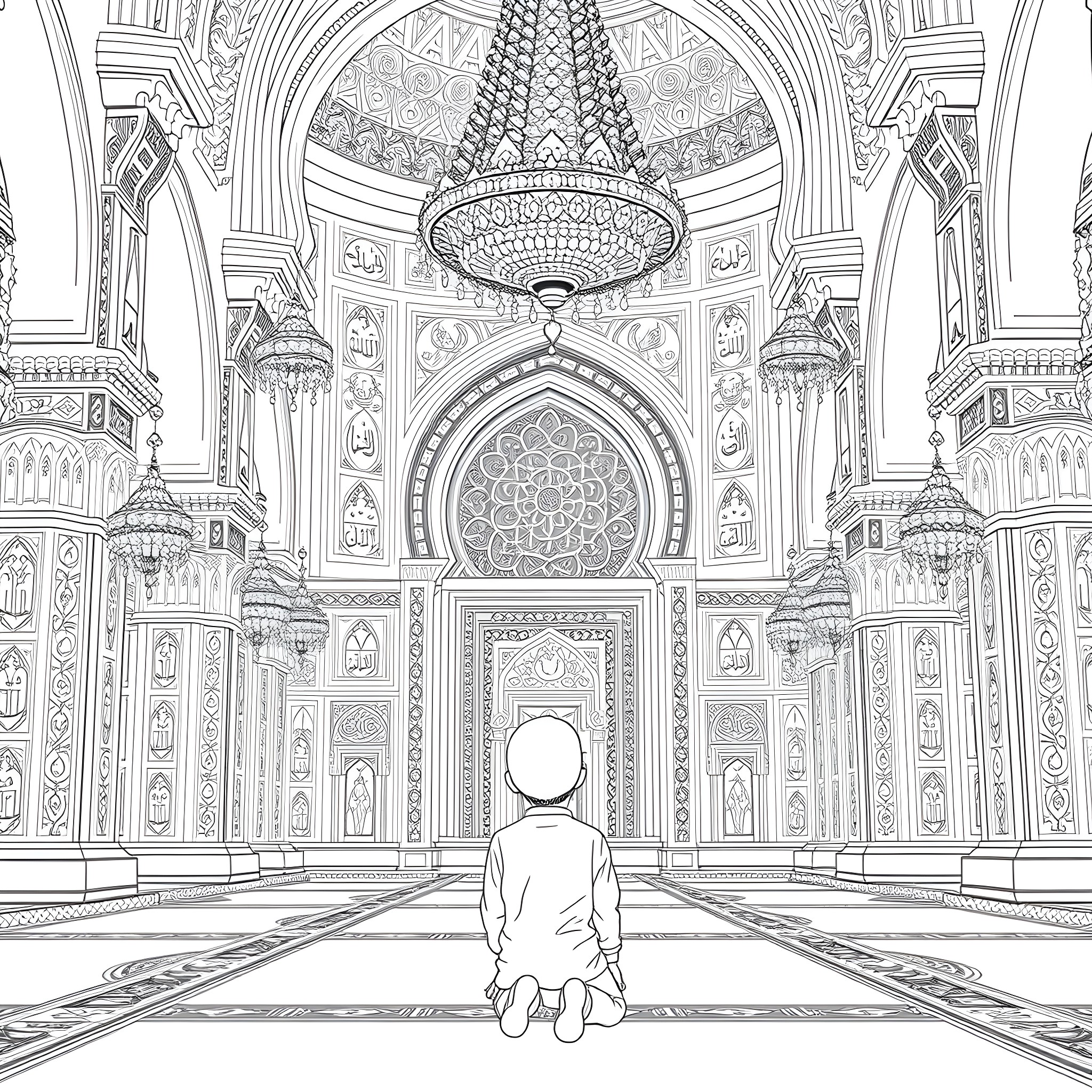 Boy in awe of ornate palace interior Coloring Page (free black-and-white line drawing printable PDF for all, from beginners to advanced learners, including children, teens, adults, and seniors)