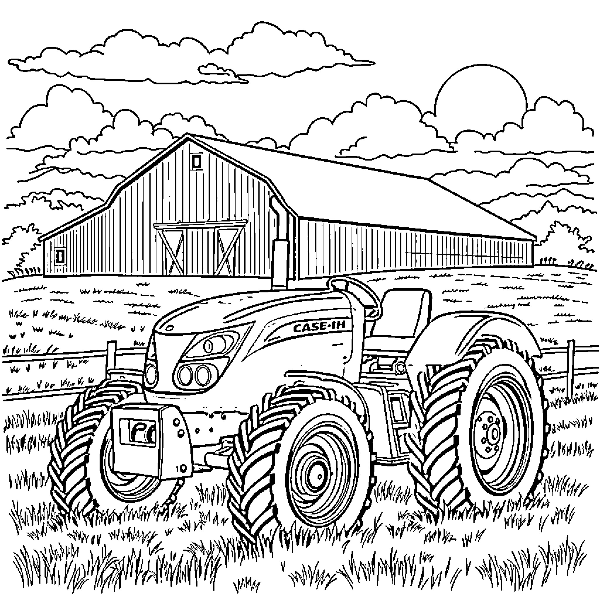 Tractor working in the field near a barn Coloring Page (free black-and-white line drawing printable PDF for all, from beginners to advanced learners, including children, teens, adults, and seniors)