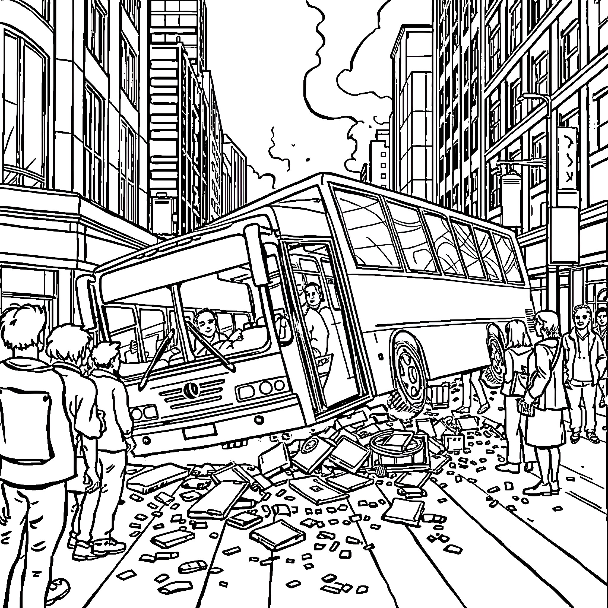 Bus Collision in Busy City Street Coloring Page (free black-and-white line drawing printable PDF for all, from beginners to advanced learners, including children, teens, adults, and seniors)