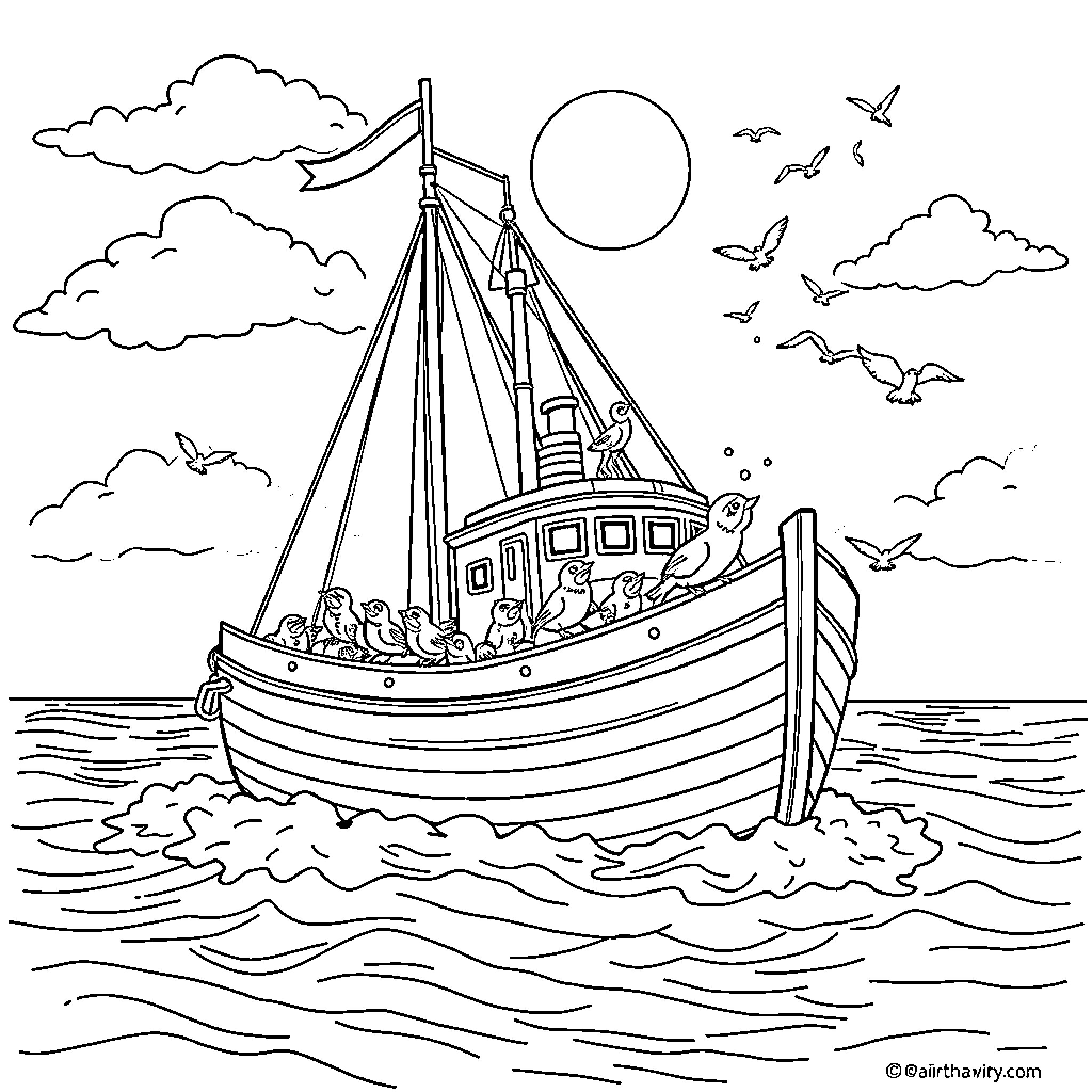 Ship sailing on the open sea Coloring Page (free black-and-white line drawing printable PDF for all, from beginners to advanced learners, including children, teens, adults, and seniors)