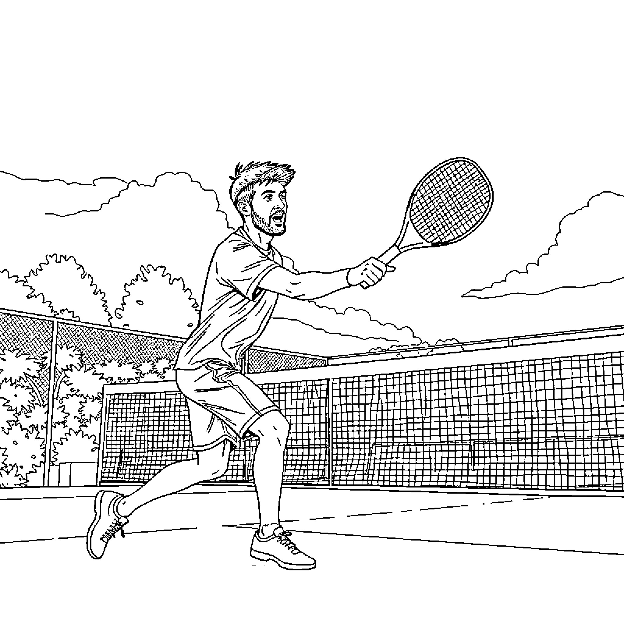 Christian Pulisic playing tennis on the court Coloring Page (free black-and-white line drawing printable PDF for all, from beginners to advanced learners, including children, teens, adults, and seniors)