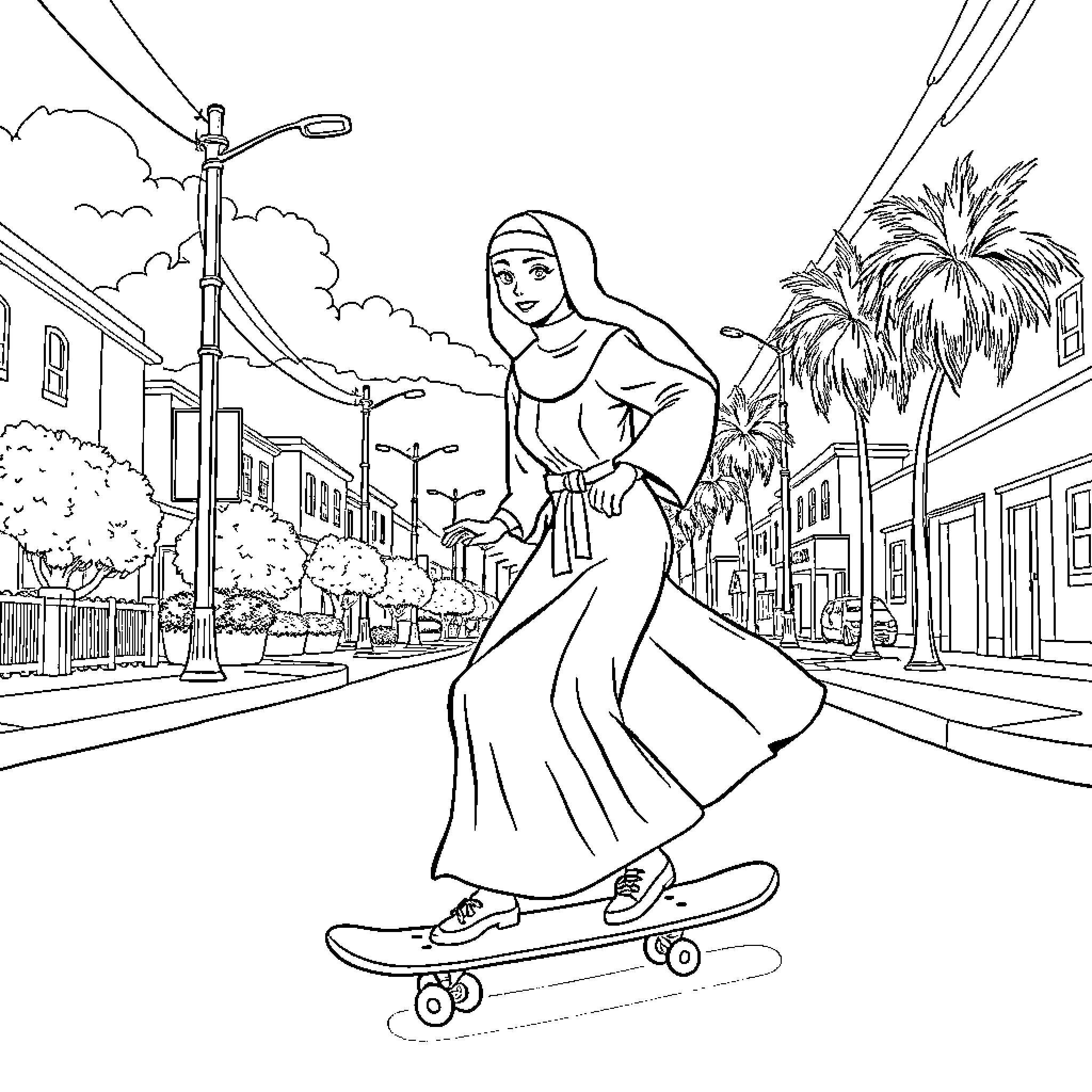 Nun riding skateboard on city street Coloring Page (free black-and-white line drawing printable PDF for all, from beginners to advanced learners, including children, teens, adults, and seniors)