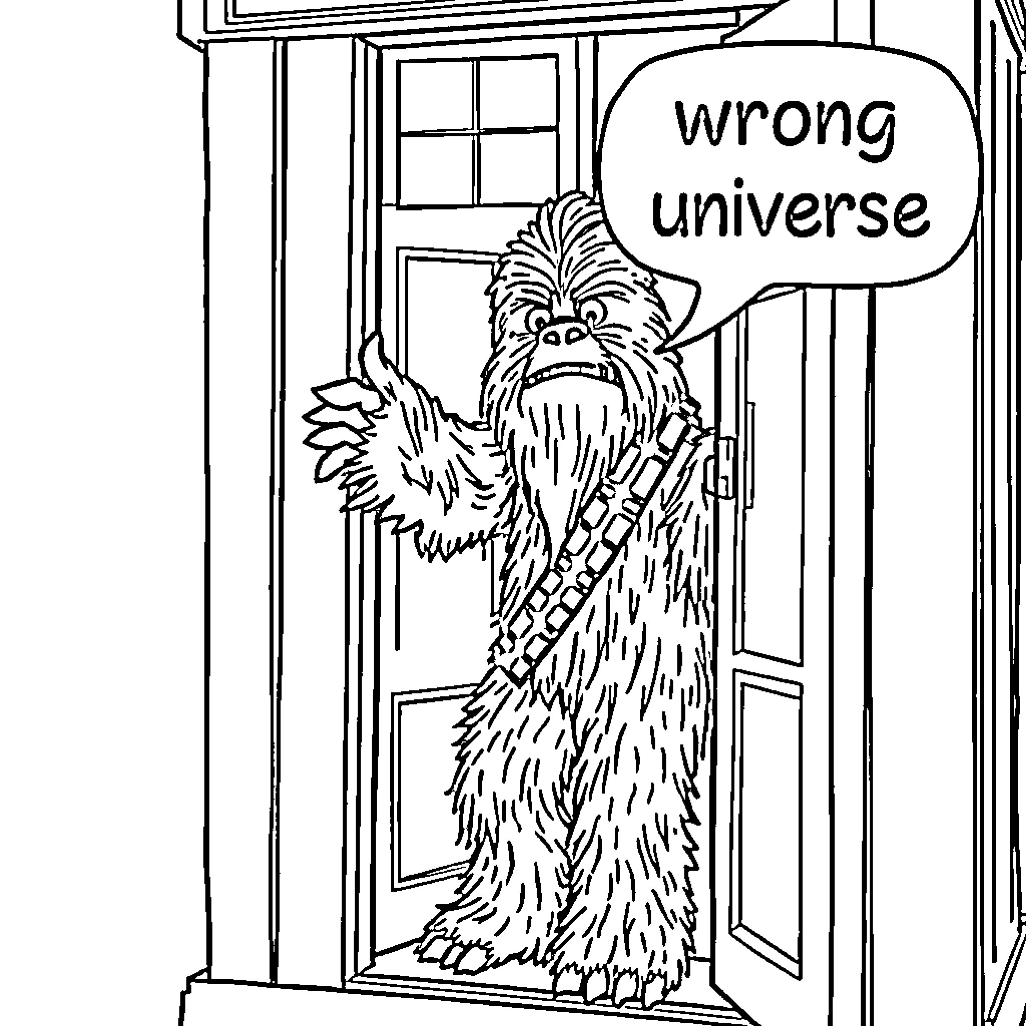 Chewbacca expresses discontent in wrong universe Coloring Page (free black-and-white line drawing printable PDF for all, from beginners to advanced learners, including children, teens, adults, and seniors)
